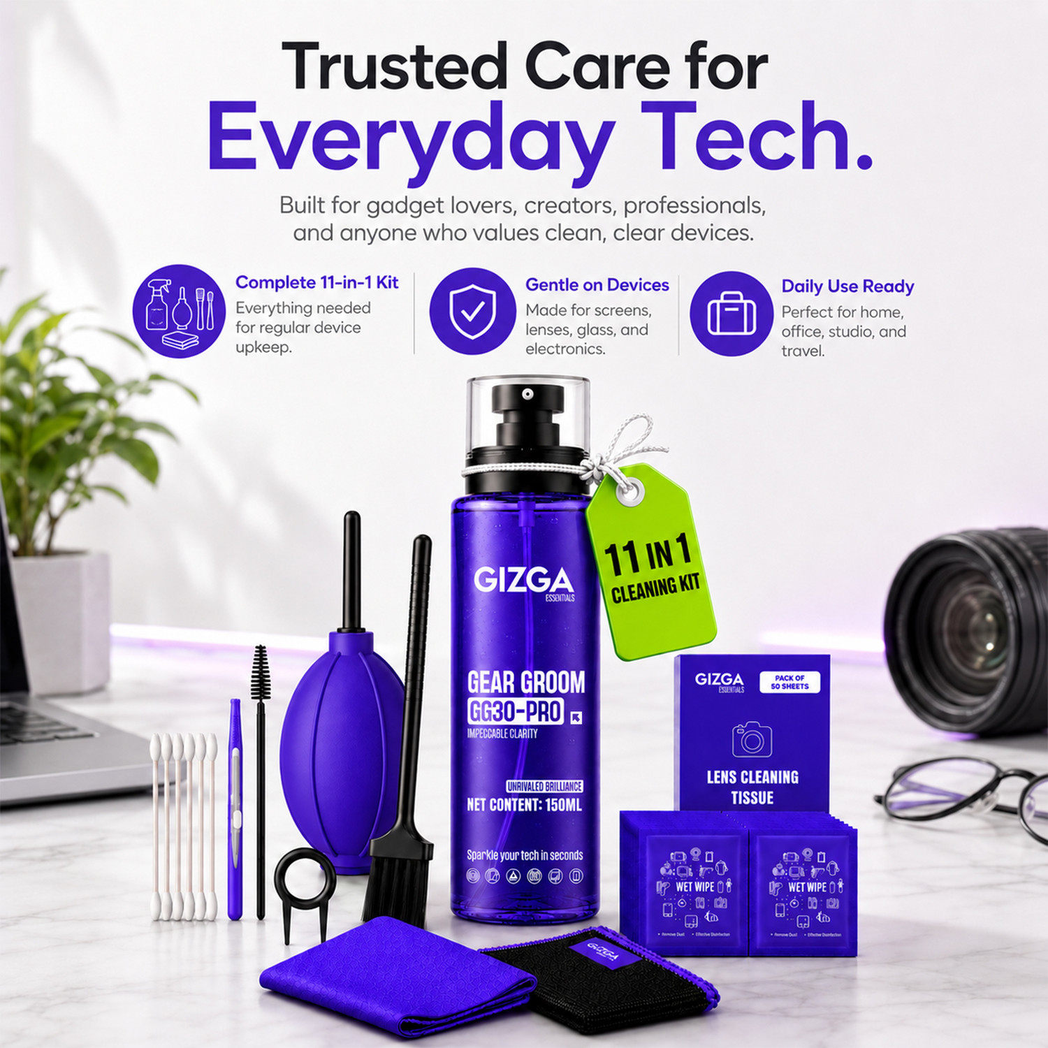 Image of Gizga Essentials 11-in-1 Screen Cleaning Kit with 150ml Spray Air Blower, Lens Tissues, Wipes for Computers, Gaming, Laptops, Mobiles (GG30-PRO)