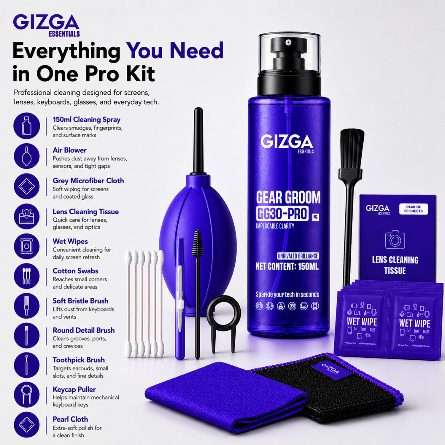 Image of Gizga Essentials 11-in-1 Screen Cleaning Kit with 150ml Spray Air Blower, Lens Tissues, Wipes for Computers, Gaming, Laptops, Mobiles (GG30-PRO)