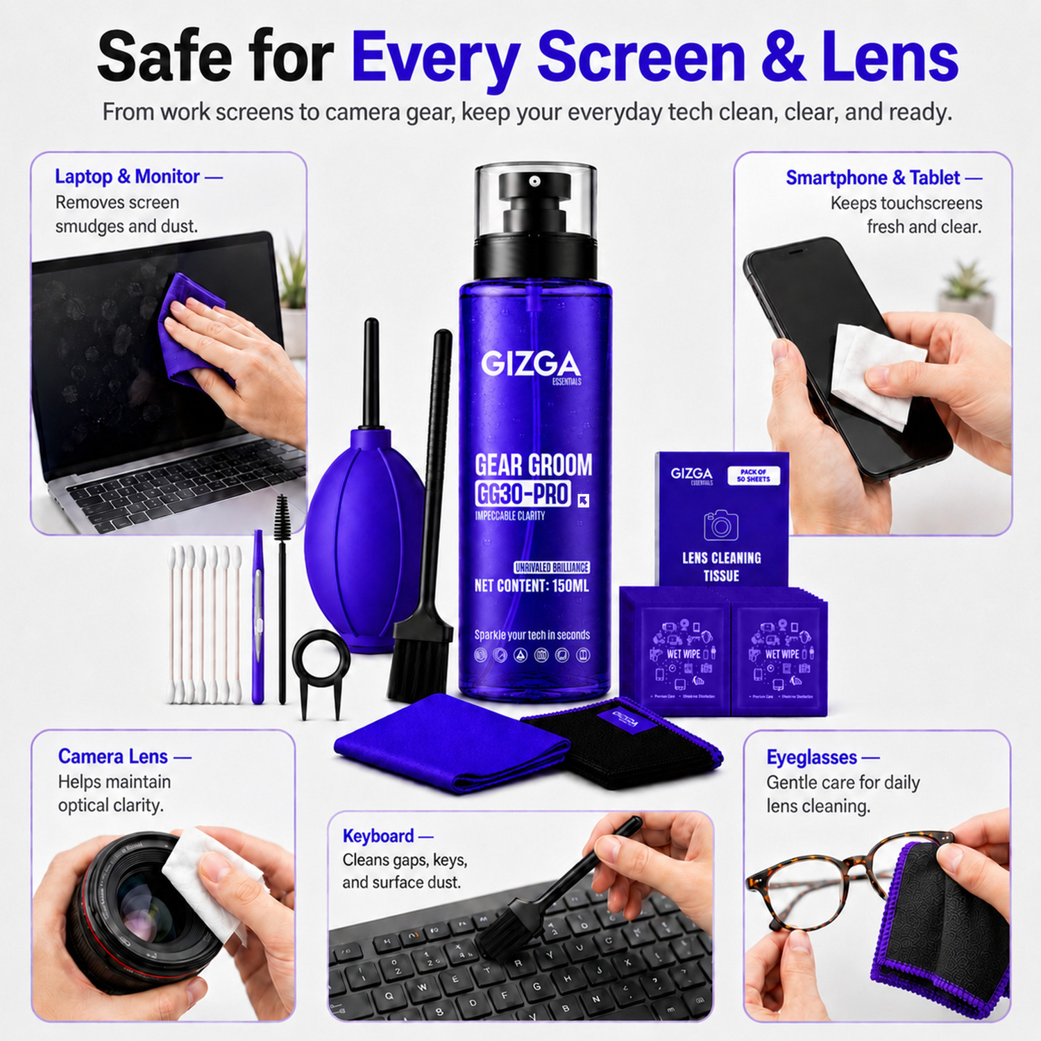 Image of Gizga Essentials 12 in 1 Screen Cleaning Kit With 150ml Spray, Air Blower, Lens Pen Tissues &More for Computers, Gaming, Laptops, Mobiles (GZ-COMBO-104+106)