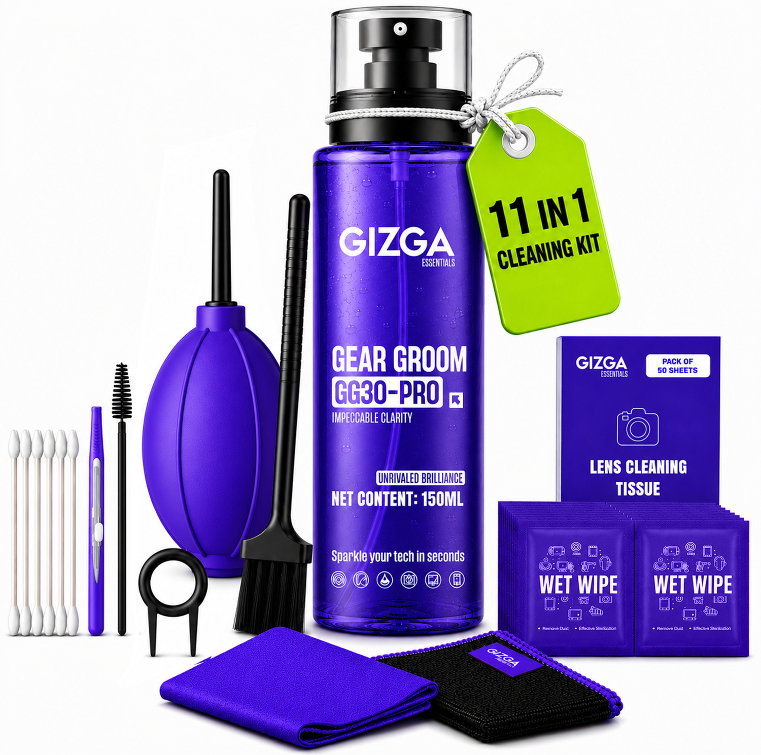 Image of Gizga Essentials 11-in-1 Screen Cleaning Kit with 150ml Spray Air Blower, Lens Tissues, Wipes for Computers, Gaming, Laptops, Mobiles (GG30-PRO)