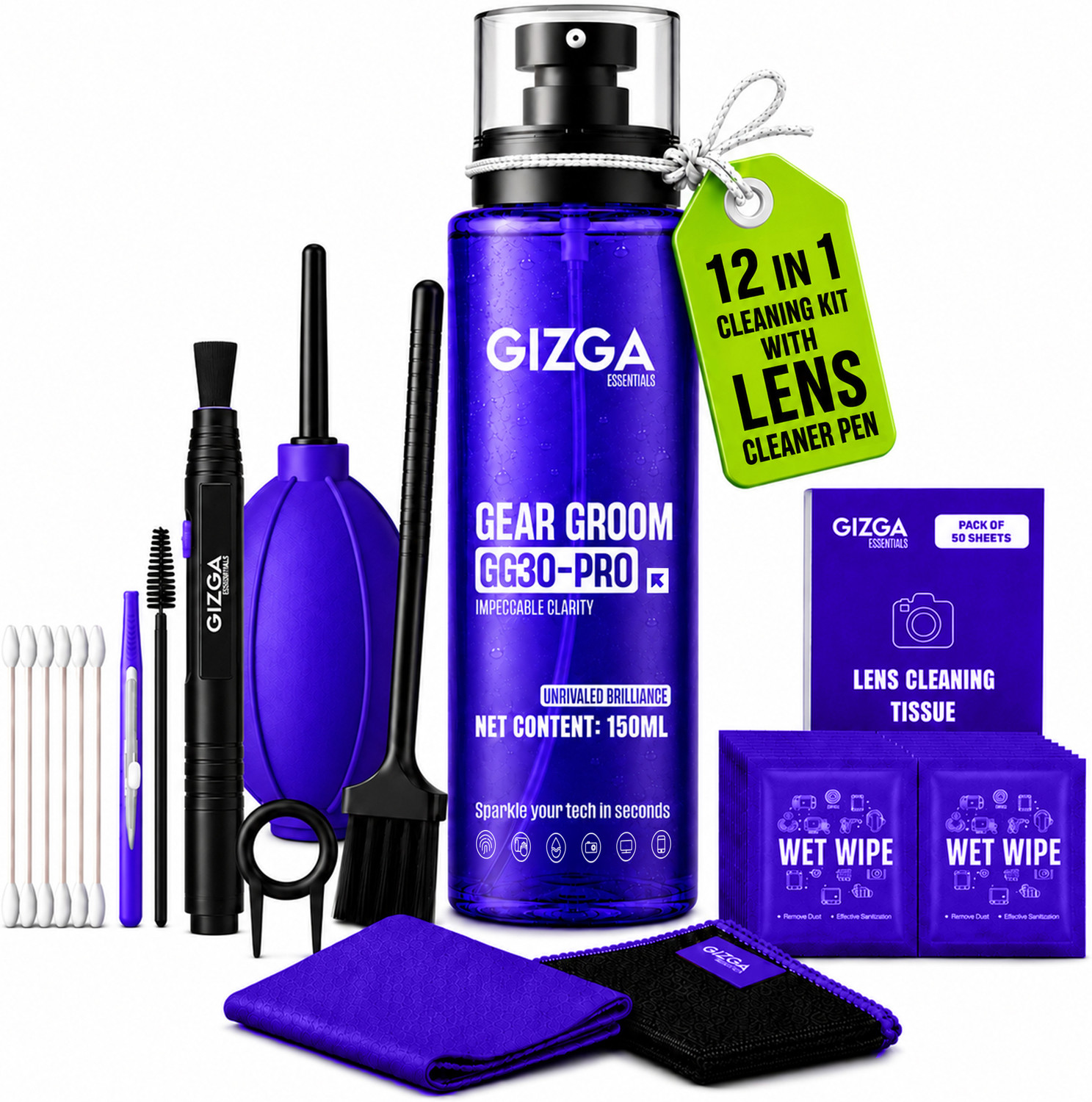Image of Gizga Essentials 12 in 1 Screen Cleaning Kit With 150ml Spray, Air Blower, Lens Pen Tissues &More for Computers, Gaming, Laptops, Mobiles (GZ-COMBO-104+106)