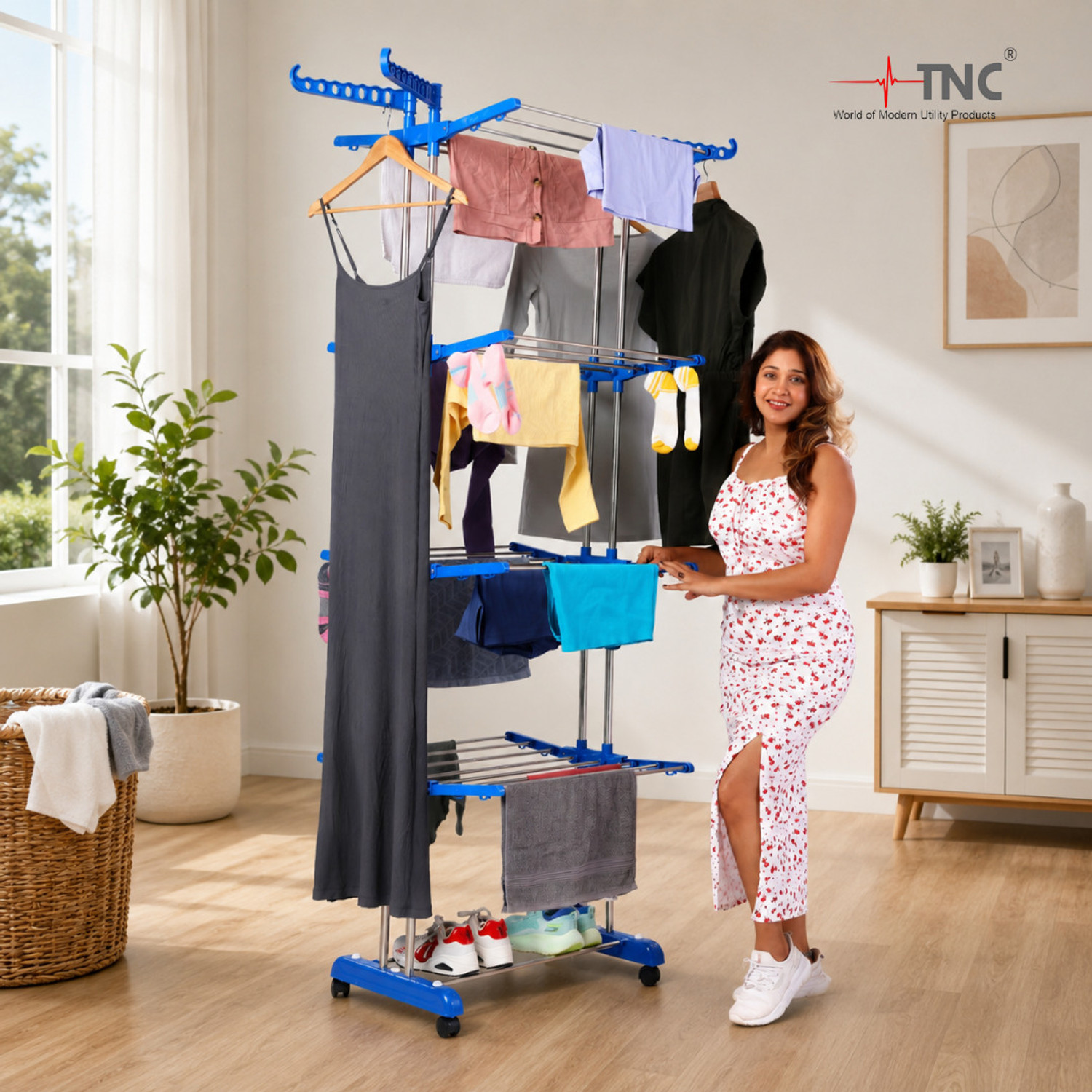 Image of LEOPAX Aluminium Floor Cloth Dryer Stand Premium Clothes Stand with Hooks for Hanging Handbags, Coats, Hats & Cloths (1 Tier)