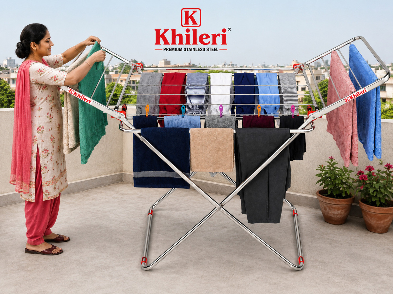 Image of right kitchen Steel Floor Cloth Dryer Stand SS STAINLESS STEEL CLOTH DRYING STAND Size 56x25x43 (4 Tier)