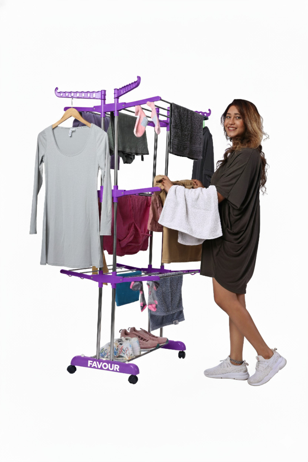 Image of LEOPAX Aluminium Floor Cloth Dryer Stand Premium Clothes Stand with Hooks for Hanging Handbags, Coats, Hats & Cloths (1 Tier)
