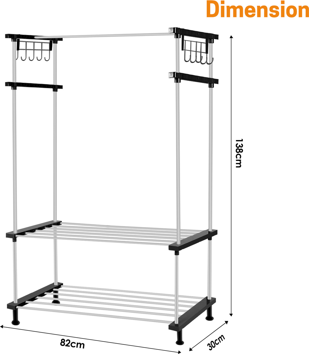 Image of LEOPAX Aluminium Floor Cloth Dryer Stand Heavy Duty Metal Garment Rail with 8 Hooks for Bedroom, Living Room and Entryway (2 Tier)