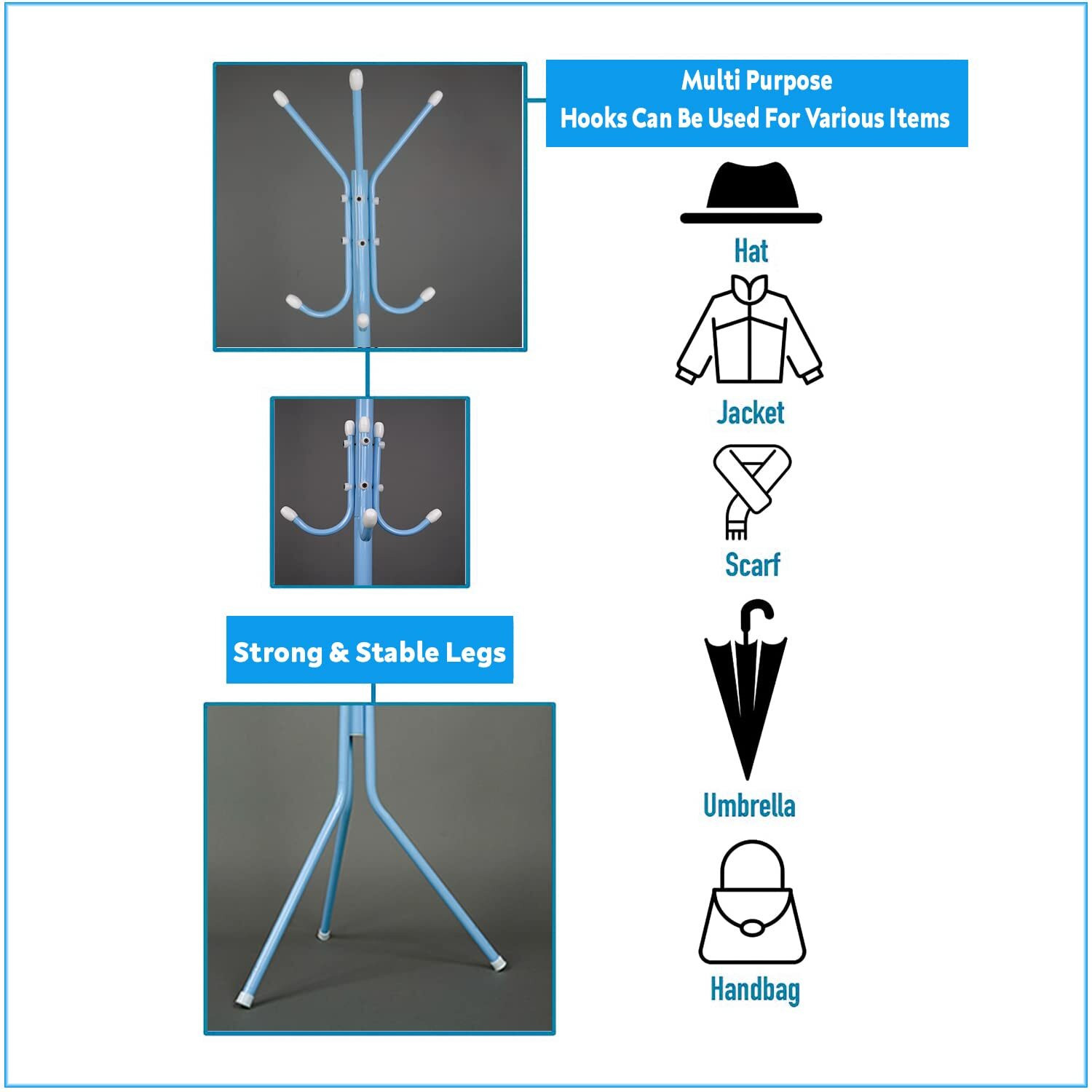 Image of LEOPAX Aluminium Floor Cloth Dryer Stand Premium Clothes Stand with Hooks for Hanging Handbags, Coats, Hats & Cloths (1 Tier)