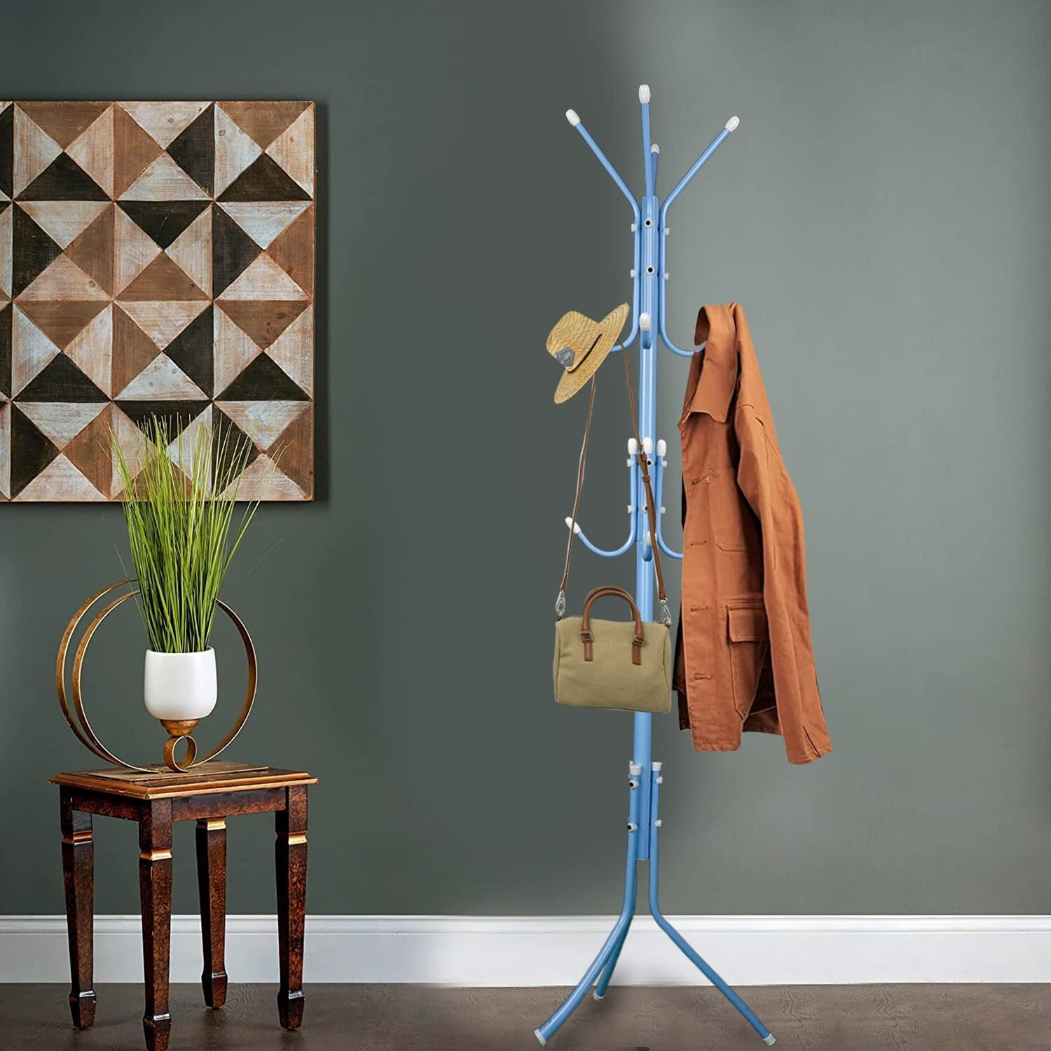 Image of LEOPAX Aluminium Floor Cloth Dryer Stand Premium Clothes Stand with Hooks for Hanging Handbags, Coats, Hats & Cloths (1 Tier)