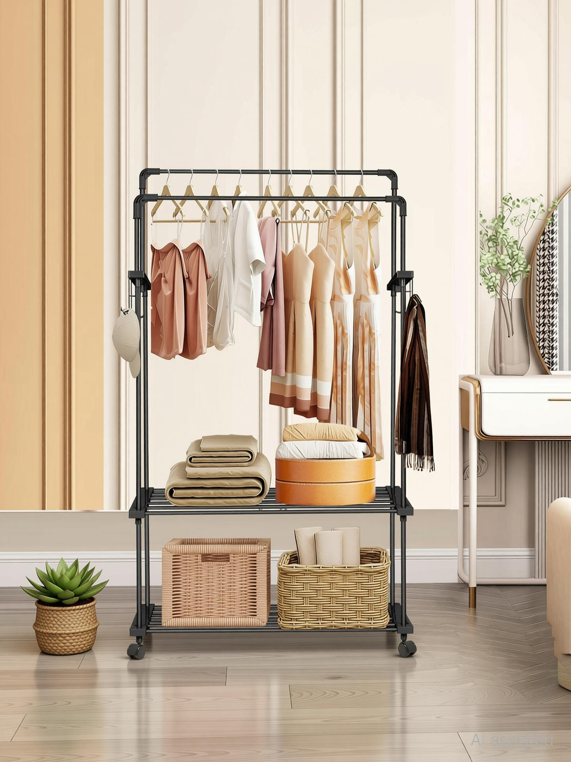 Image of LEOPAX Aluminium Floor Cloth Dryer Stand Heavy Duty Metal Garment Rail with 8 Hooks for Bedroom, Living Room and Entryway (2 Tier)