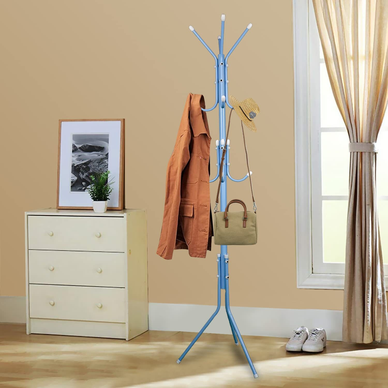 Image of LEOPAX Aluminium Floor Cloth Dryer Stand Premium Clothes Stand with Hooks for Hanging Handbags, Coats, Hats & Cloths (1 Tier)