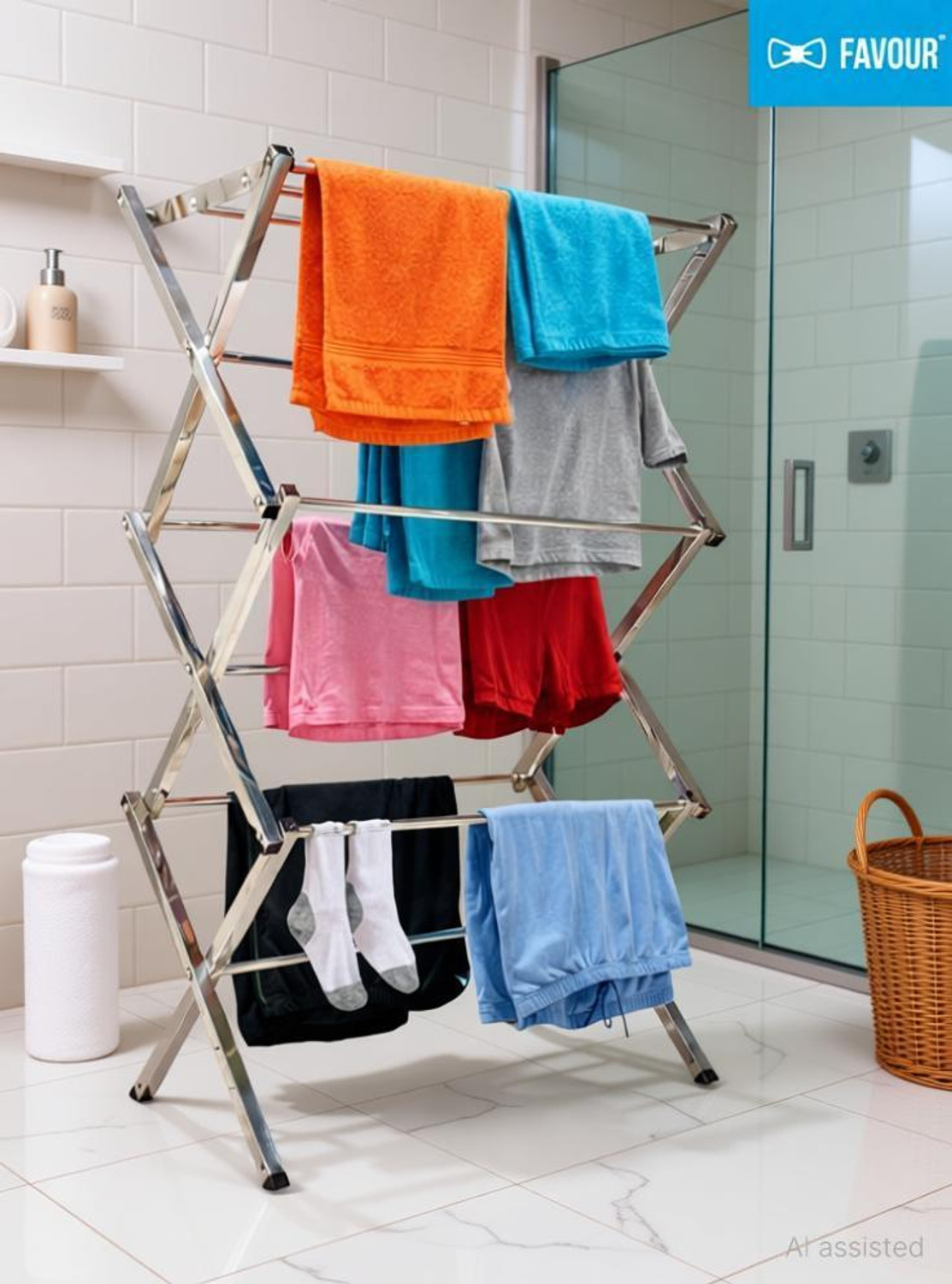 Image of FAVOUR Steel, Aluminium Floor Cloth Dryer Stand LUX-ZZ001 (3 Tier)