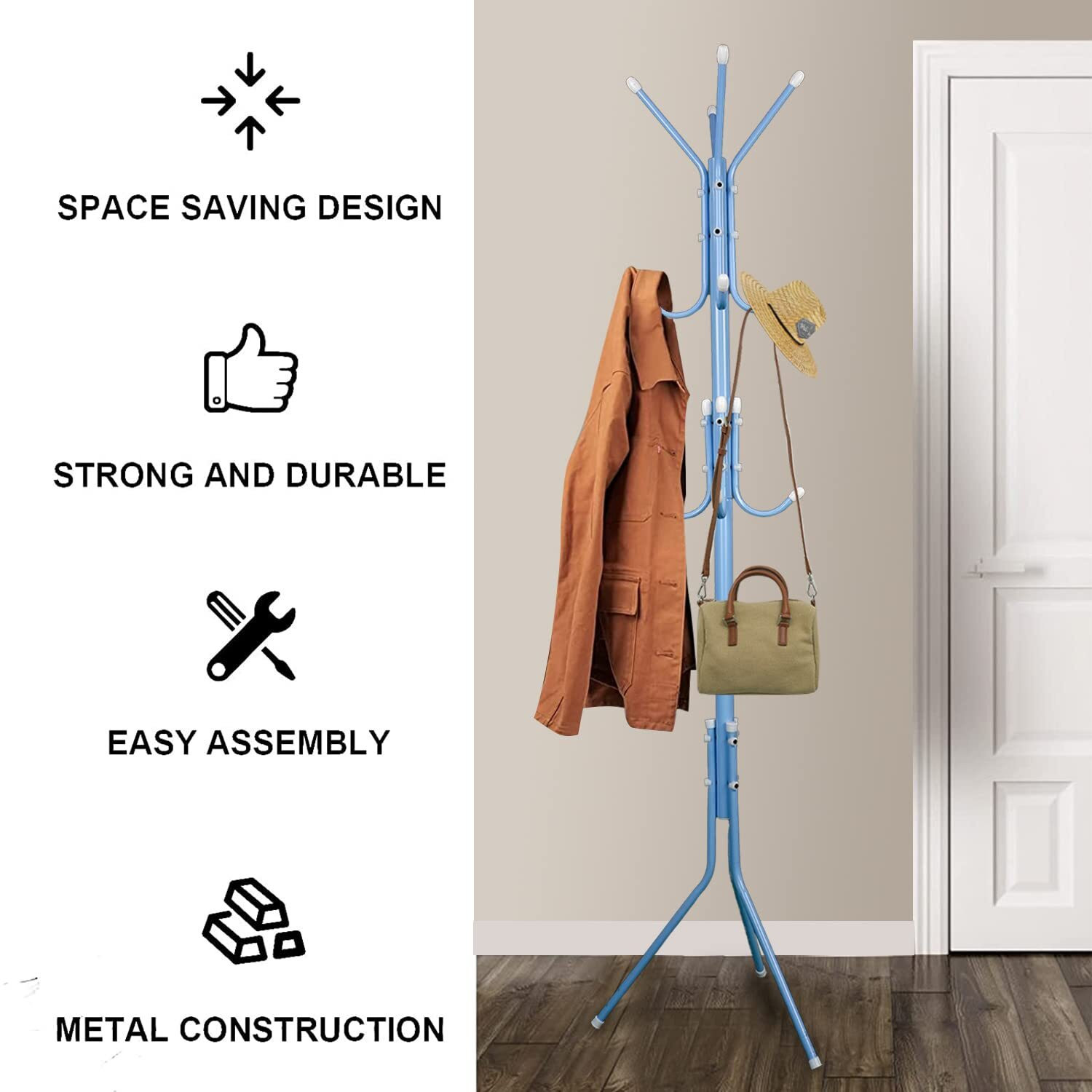 Image of LEOPAX Aluminium Floor Cloth Dryer Stand Premium Clothes Stand with Hooks for Hanging Handbags, Coats, Hats & Cloths (1 Tier)