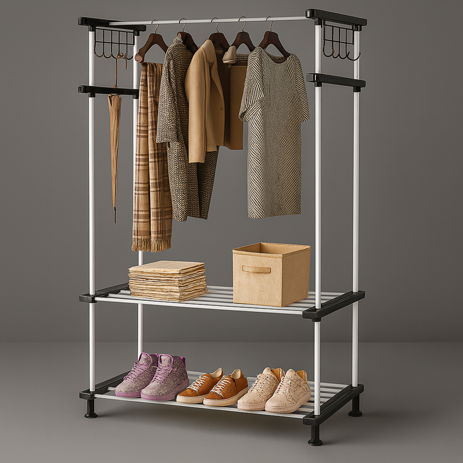 Image of LEOPAX Aluminium Floor Cloth Dryer Stand Heavy Duty Metal Garment Rail with 8 Hooks for Bedroom, Living Room and Entryway (2 Tier)