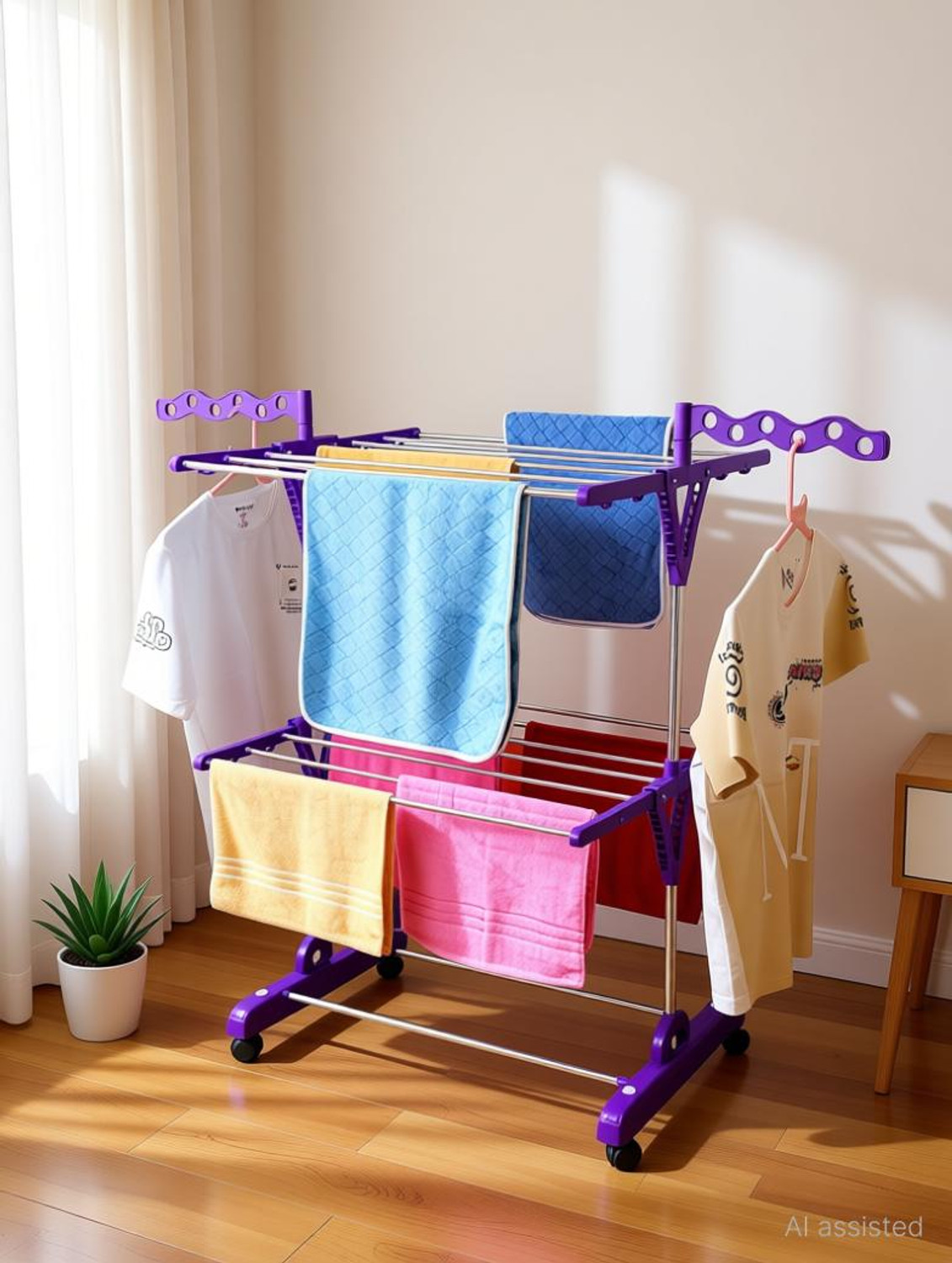 Image of LEOPAX Aluminium Floor Cloth Dryer Stand Premium Clothes Stand with Hooks for Hanging Handbags, Coats, Hats & Cloths (1 Tier)