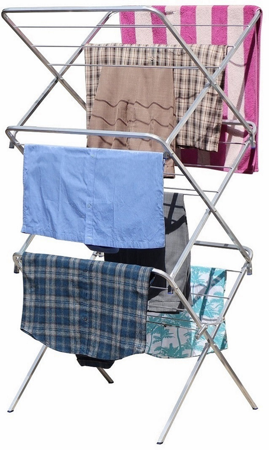 Image of LEOPAX Aluminium Floor Cloth Dryer Stand Premium Clothes Stand with Hooks for Hanging Handbags, Coats, Hats & Cloths (1 Tier)