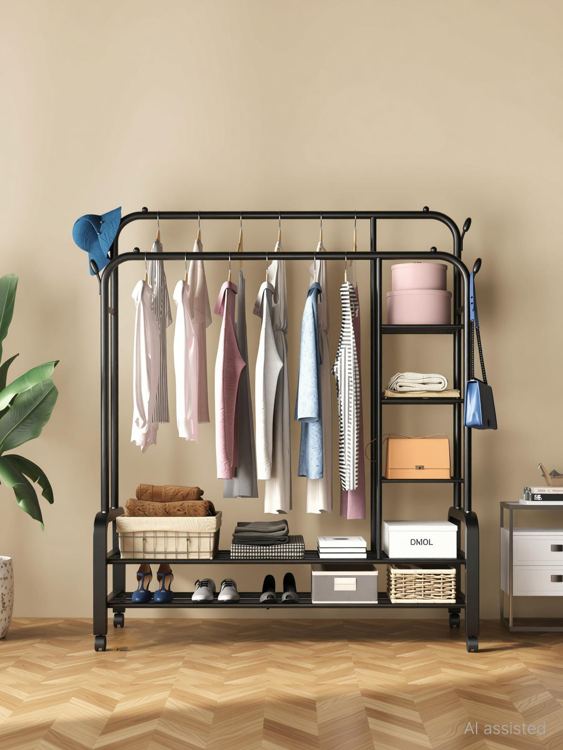 Image of LEOPAX Aluminium Floor Cloth Dryer Stand Premium Clothes Stand with Hooks for Hanging Handbags, Coats, Hats & Cloths (1 Tier)