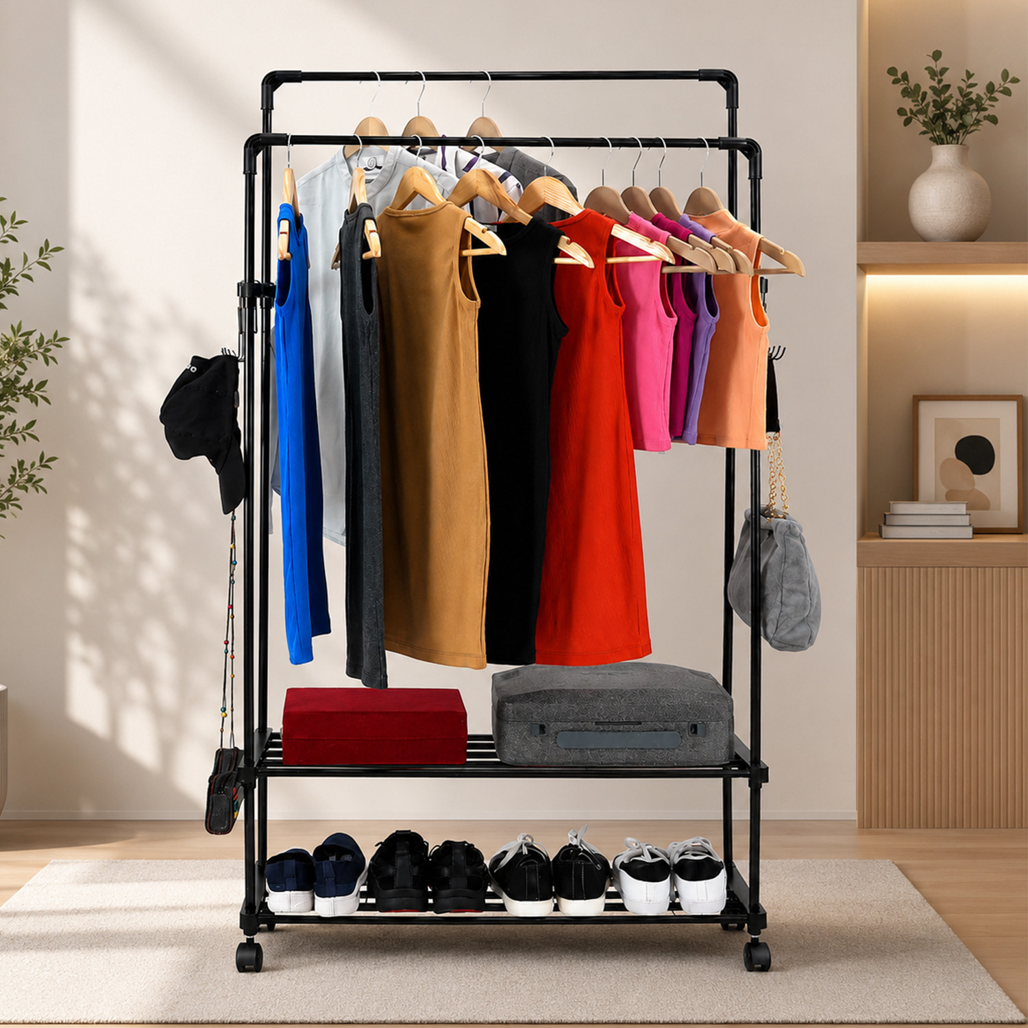 Image of LEOPAX Aluminium Floor Cloth Dryer Stand Heavy Duty Metal Garment Rail with 8 Hooks for Bedroom, Living Room and Entryway (2 Tier)