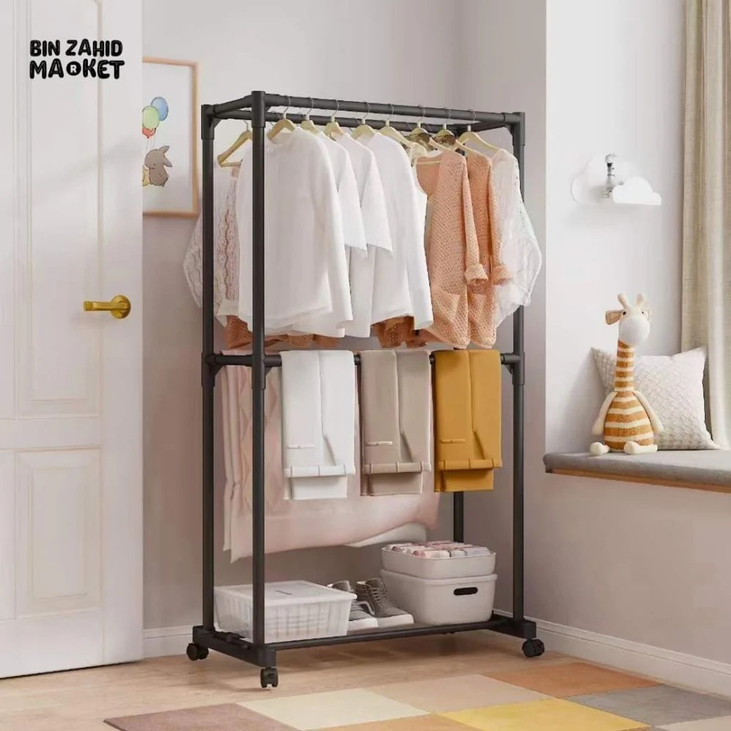 Image of Sasimo 1 Door 3 Shelf Open Coat clothes hanger stand PP PC Collapsible Wardrobe (Finish Color - 3,Black, DIY(Do-It-Yourself))