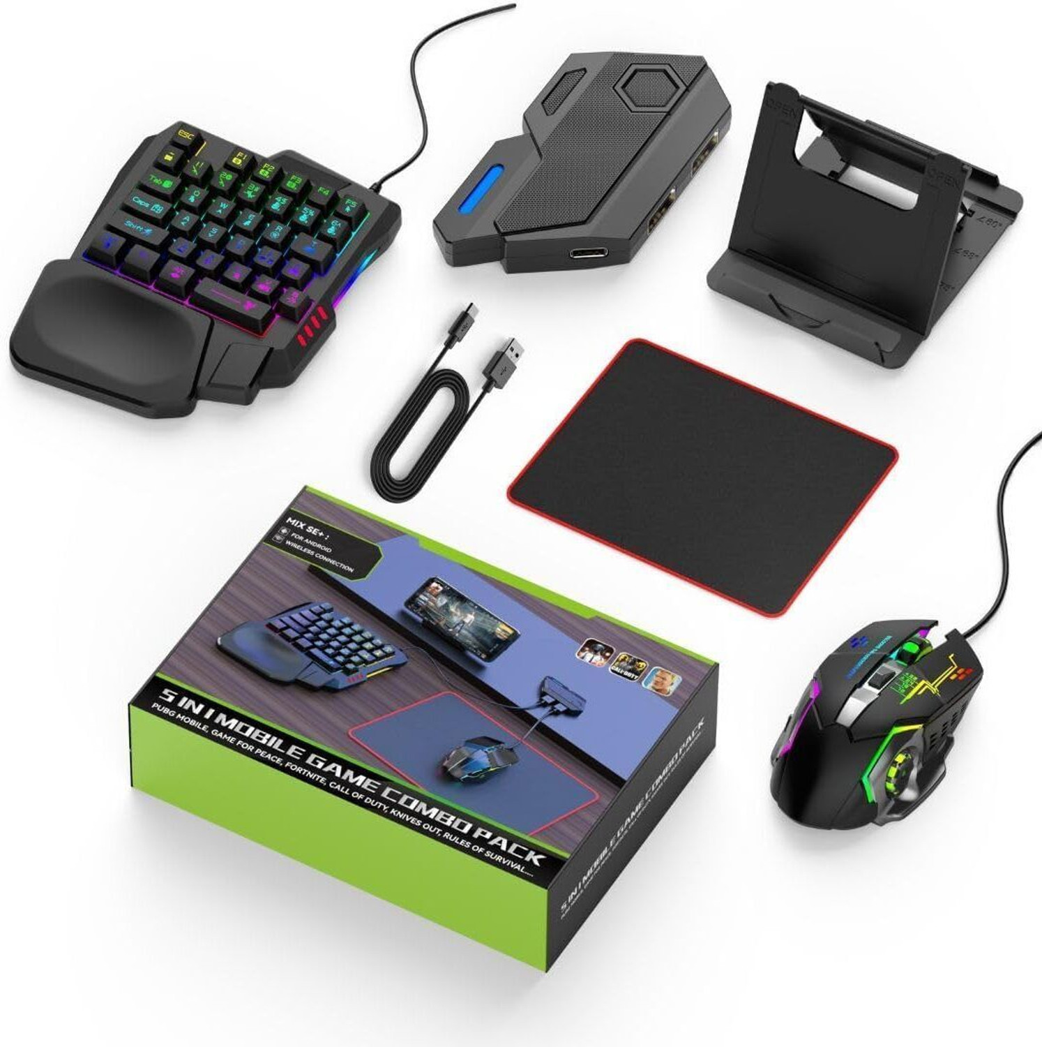 Image of HG WORLD Gaming Keyboard Mouse Converter 5 in 1 Mobile Game Combo Pack Gaming Accessory Kit (Black, Mix Pro 5&In&1 Gaming Combo, Best Value Mobile Gaming Kit, For Android, iOS)