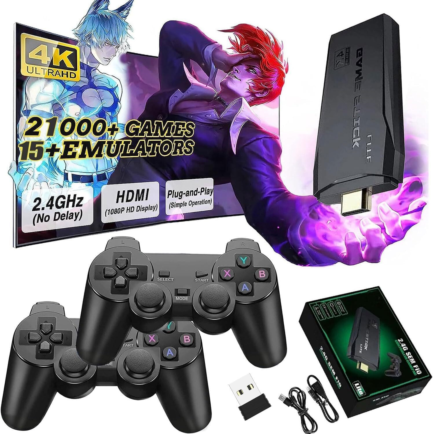 Image of HGWORLD M8 Retro Game Stick Console with 2.4G Dual 2 Player Video Games For TV Wireless Gamepad Gaming Console for TV Video Game for Kids (Best Gift & Fun) All Ages 64 GB with 9+ Emulator,Full HDMI Output, TV Game Set, Sup Game Box , Mini Video Game Hand TV (Black Color Loved by Fans of Console Gaming PS2 PlayStation 2 , PS3 PlayStation 3, PS4 PlayStation 4, Mini PlayStation 5 PS5,PS1,PSP,PVP,PS VITA, Xbox, Nintendo Switch 2) (In-built with 25000+Videogame like Contra Force, Battle City) (Kage,Mario Game Box Remote Hand Video Game for Kids, for Others)