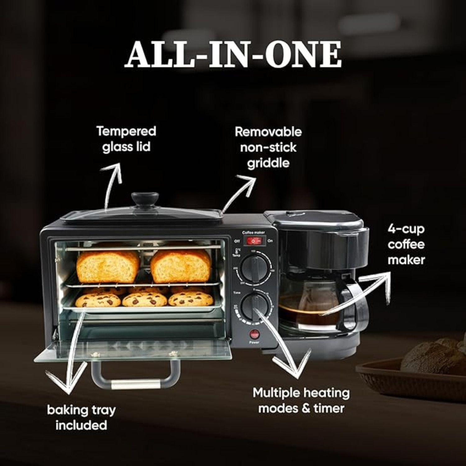 Image of Ubon 3 in 1 Breakfast Maker With Oven Toaster Griller, Coffee Maker, Frying Pan. 4 Cups Coffee Maker (Black)