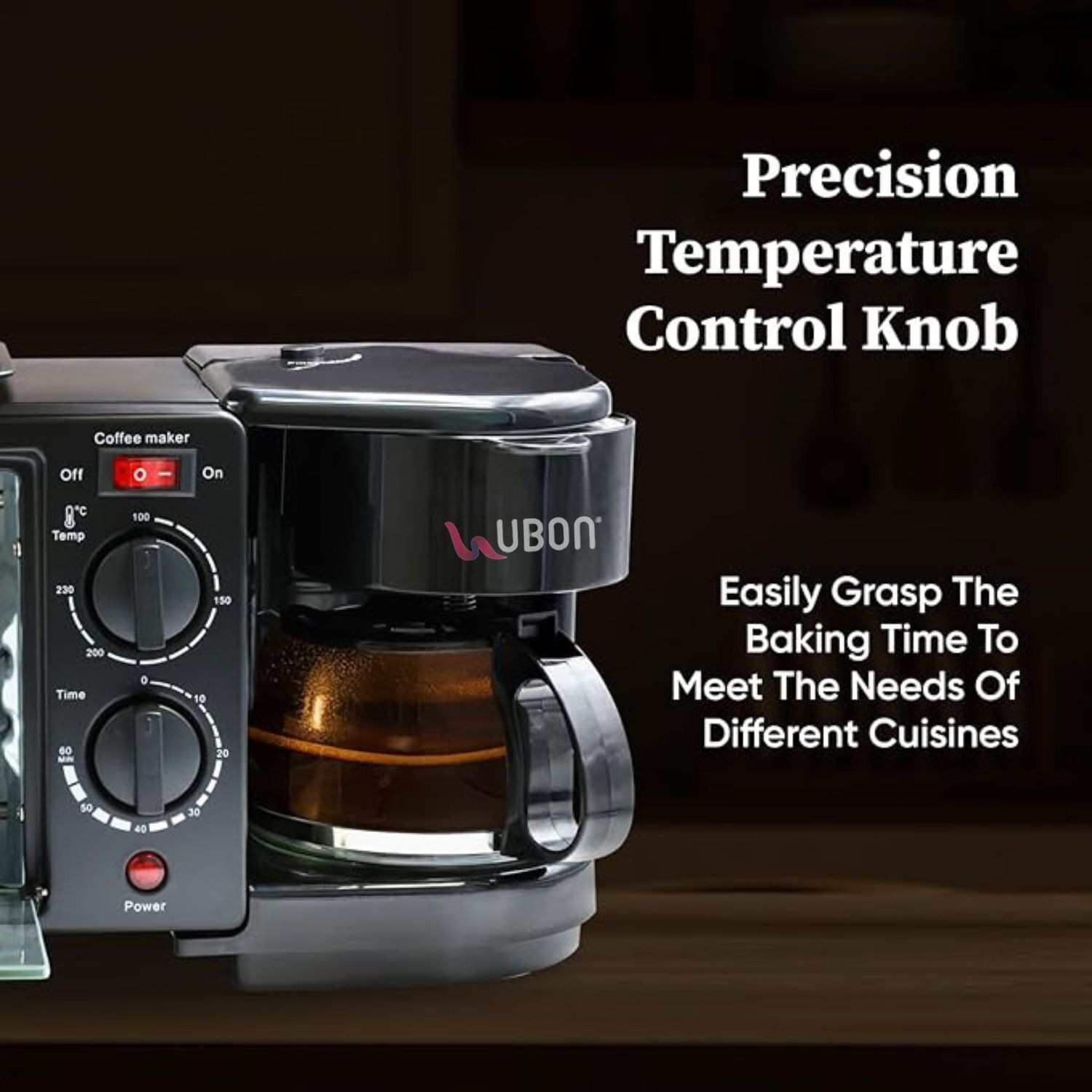 Image of Ubon 3 in 1 Breakfast Maker With Oven Toaster Griller, Coffee Maker, Frying Pan. 4 Cups Coffee Maker (Black)