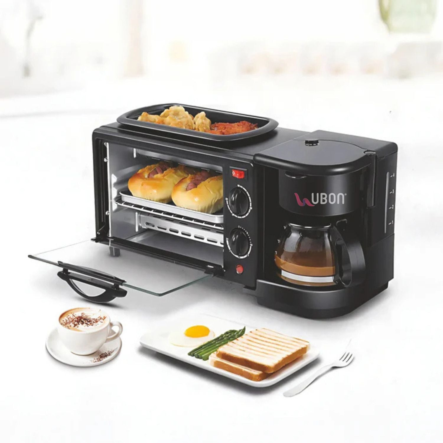 Image of Ubon 3 in 1 Breakfast Maker With Oven Toaster Griller, Coffee Maker, Frying Pan. 4 Cups Coffee Maker (Black)
