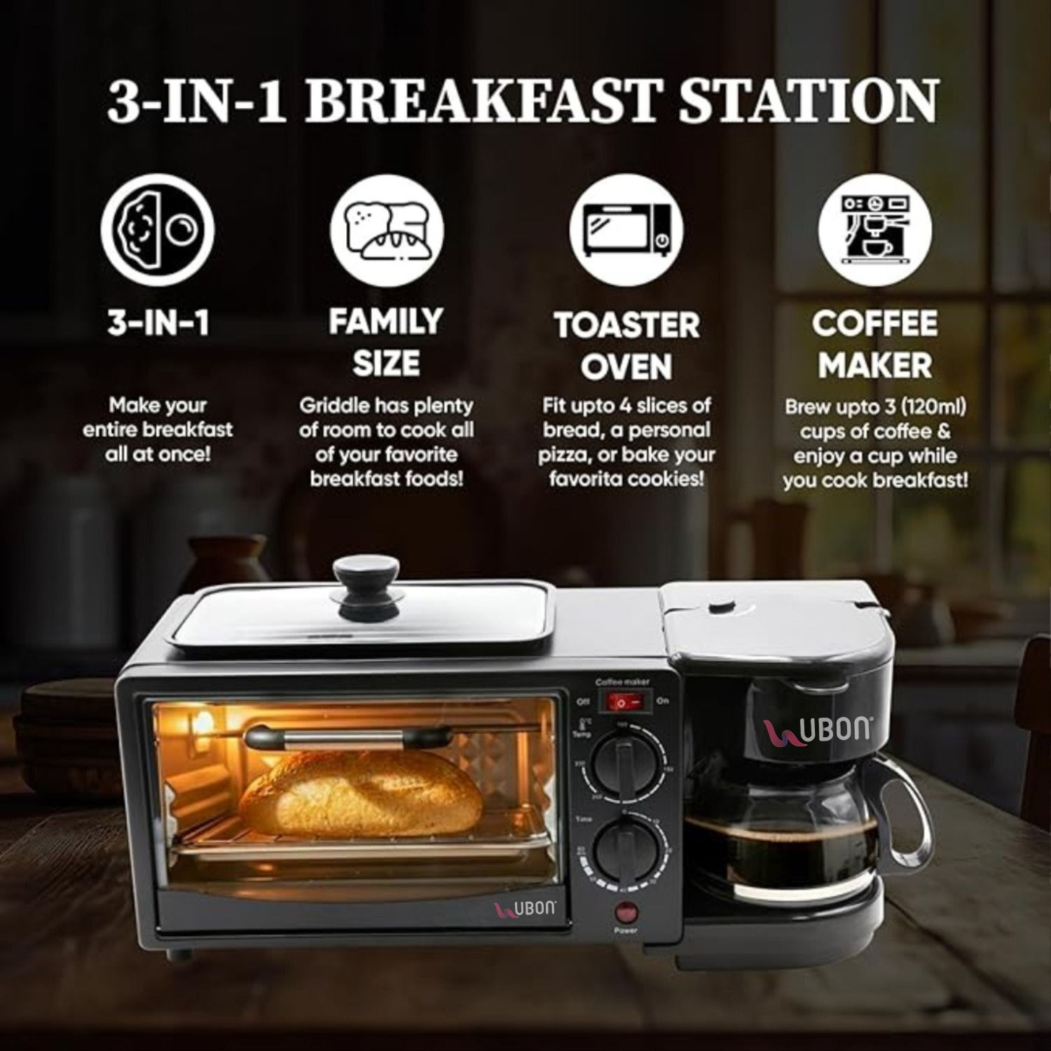Image of Ubon 3 in 1 Breakfast Maker With Oven Toaster Griller, Coffee Maker, Frying Pan. 4 Cups Coffee Maker (Black)