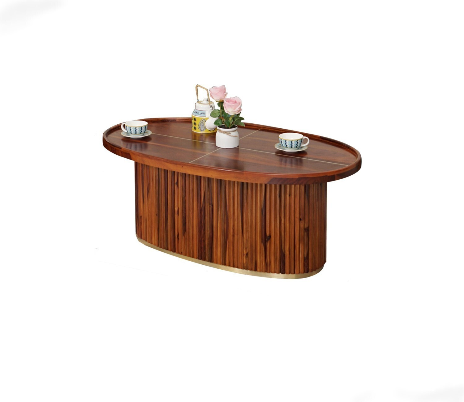 Image of Allie Wood Vertical Strips Round Sheesham (Rosewood ) Solid Wood Coffee Table (Finish Color - Honey Finish, Pre-assembled)
