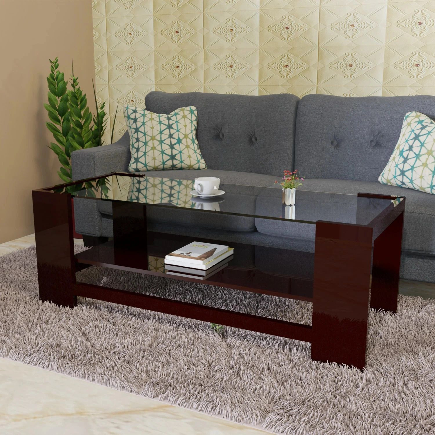 Image of ELTOP Wooden Furniture Center /Tea Table with Glass Engineered Wood Coffee Table (Finish Color - Brown, Knock Down)