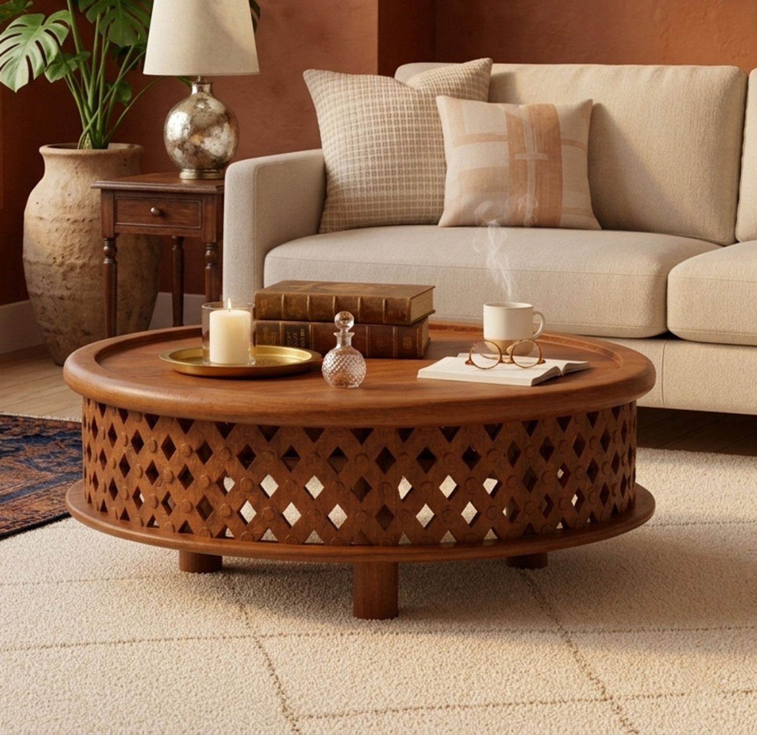 Image of WOODLOOM Alps Premium Round Coffee Table,Solid Mango Wood,Fluted Base Solid Wood Coffee Table (Finish Color - BROWN, Pre-assembled)