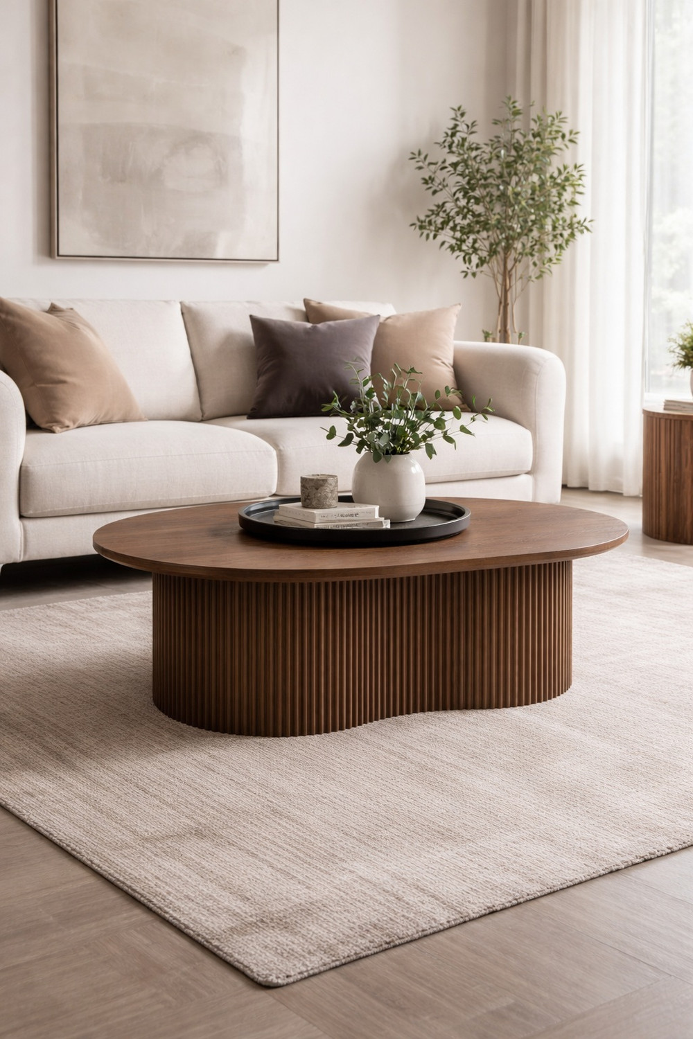Image of WOODLOOM Alps Premium Round Coffee Table,Solid Mango Wood,Fluted Base Solid Wood Coffee Table (Finish Color - BROWN, Pre-assembled)