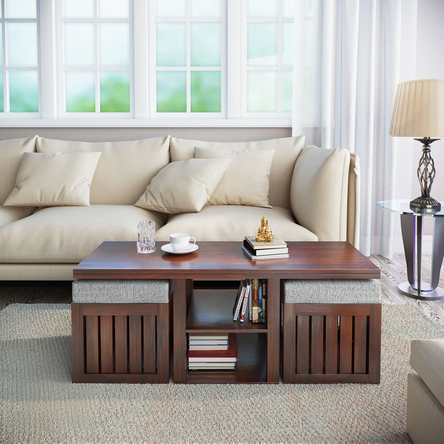 Image of SHIVRUDRA BEST BUDGET TEA TABLE | TEAPOY | BUDGET FRIENDLY DESIGN Wood Coffee Table Solid Wood Coffee Table (Finish Color - WOODEN, Pre-assembled)