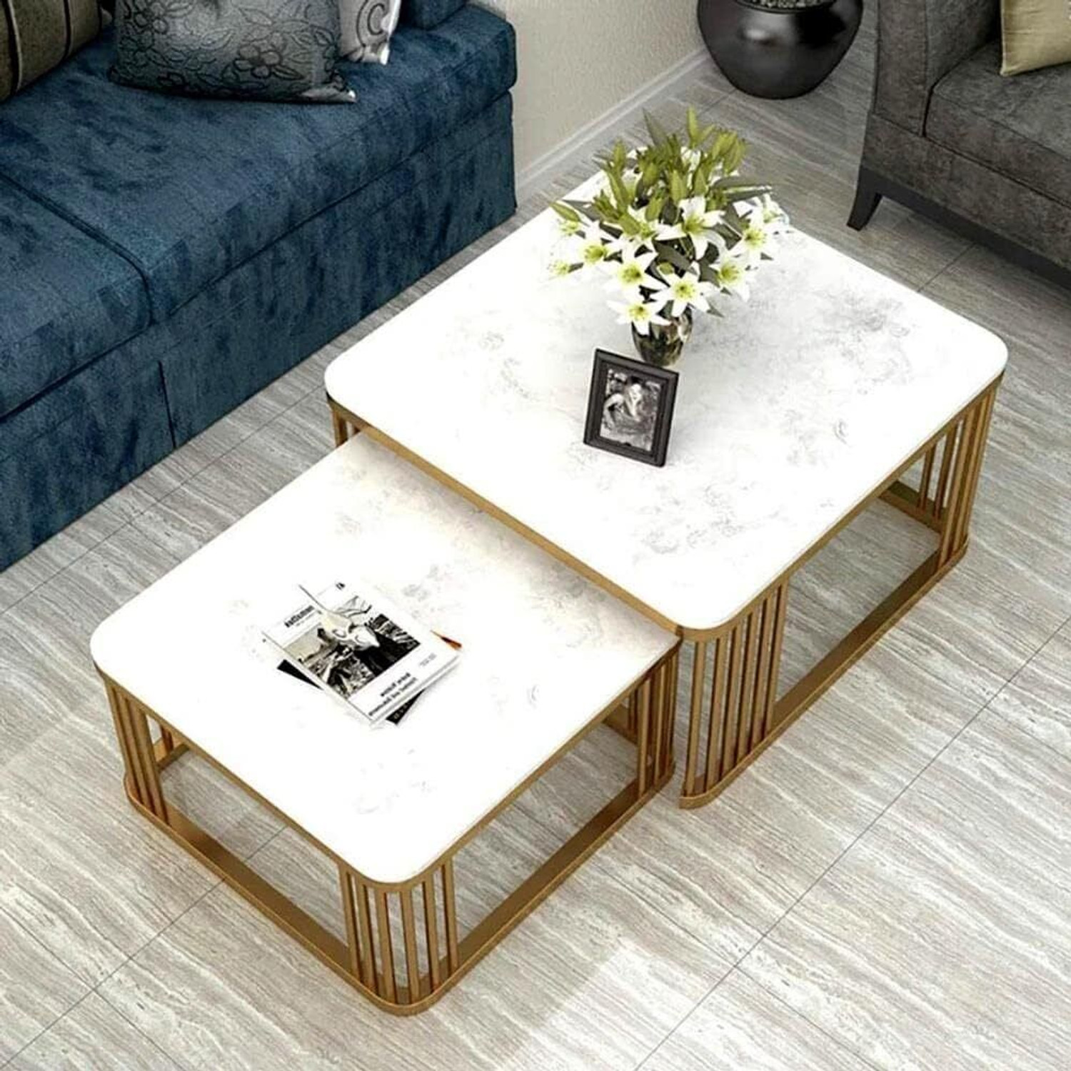 Image of Eloqo Square Coffee Table Set of 2 Modern Minimalist Style Furniture for Living Room Engineered Wood Coffee Table (Finish Color - Gold White, Pre-assembled)