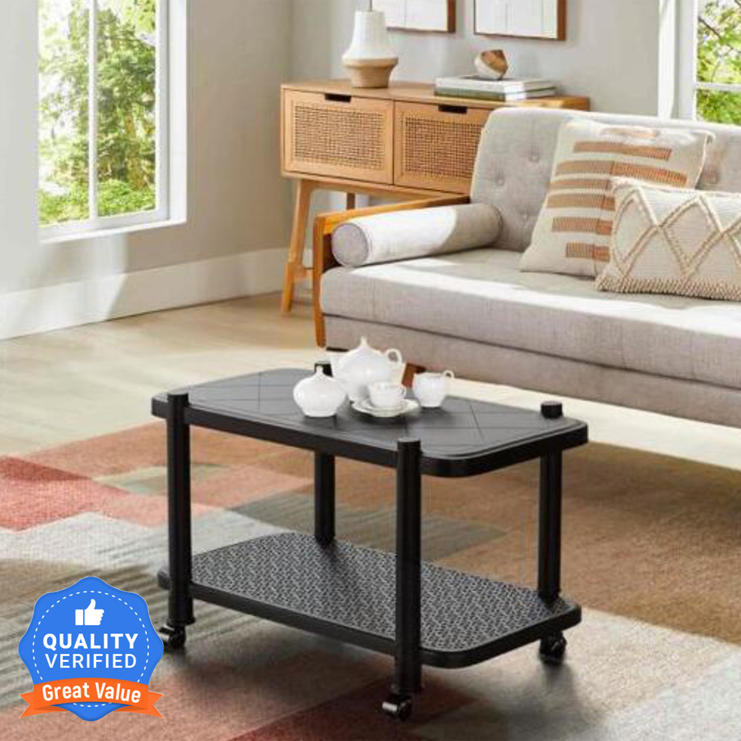 Image of CROWN ART SHOPPEE Luxury Center Table for Living Room, Stylish Tea Table Engineered Wood Coffee Table (Finish Color - Brown Black, Pre-assembled)
