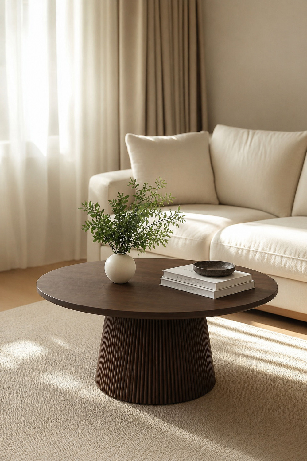 Image of WOODLOOM Alps Premium Round Coffee Table,Solid Mango Wood,Fluted Base Solid Wood Coffee Table (Finish Color - BROWN, Pre-assembled)