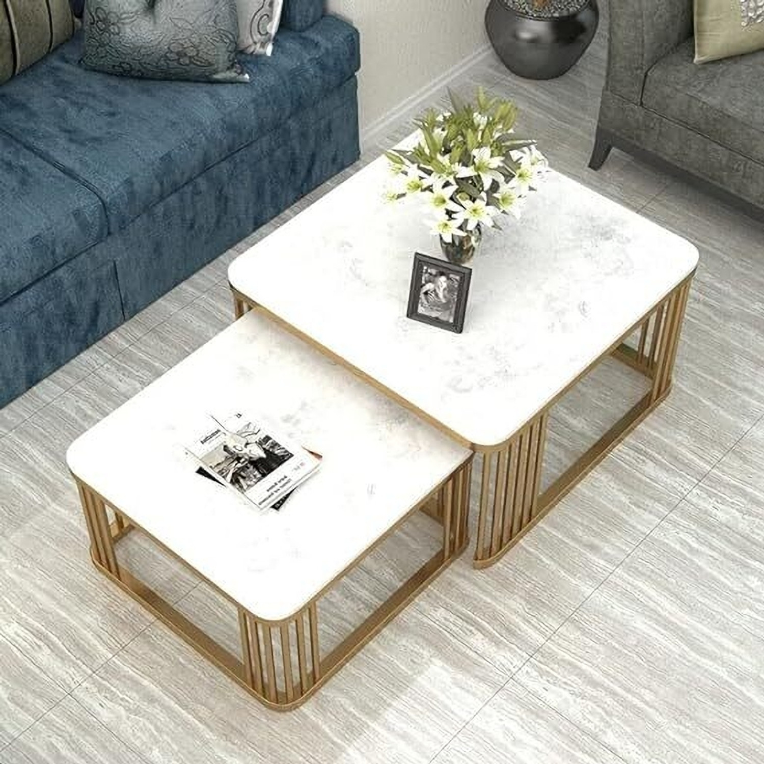 Image of Eloqo Square Coffee Table Set of 2 Modern Minimalist Style Furniture for Living Room Engineered Wood Coffee Table (Finish Color - Gold White, Pre-assembled)