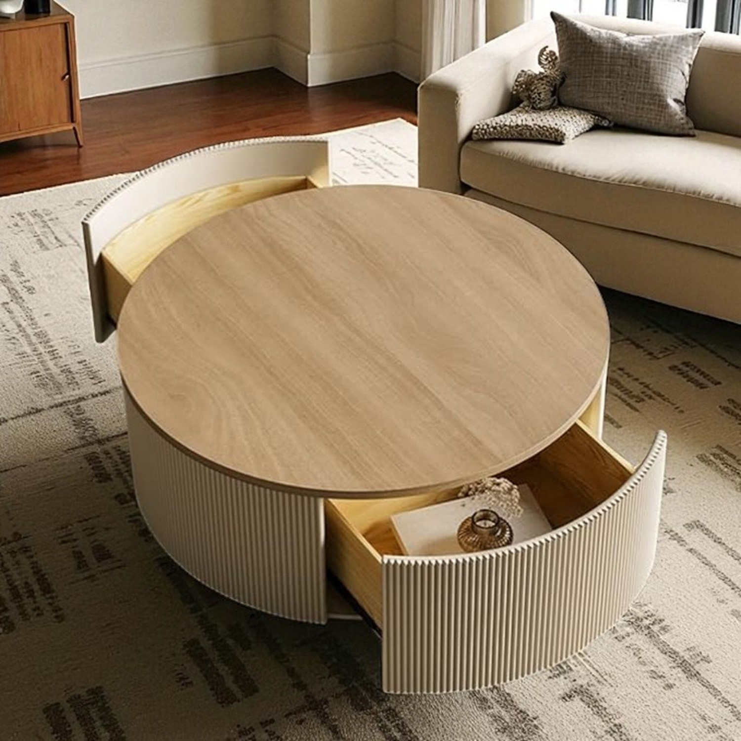 Image of WOODLOOM Alps Premium Round Coffee Table,Solid Mango Wood,Fluted Base Solid Wood Coffee Table (Finish Color - BROWN, Pre-assembled)