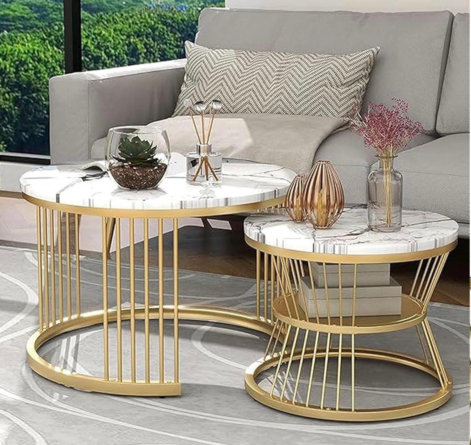 Image of Eloqo Square Coffee Table Set of 2 Modern Minimalist Style Furniture for Living Room Engineered Wood Coffee Table (Finish Color - Gold White, Pre-assembled)