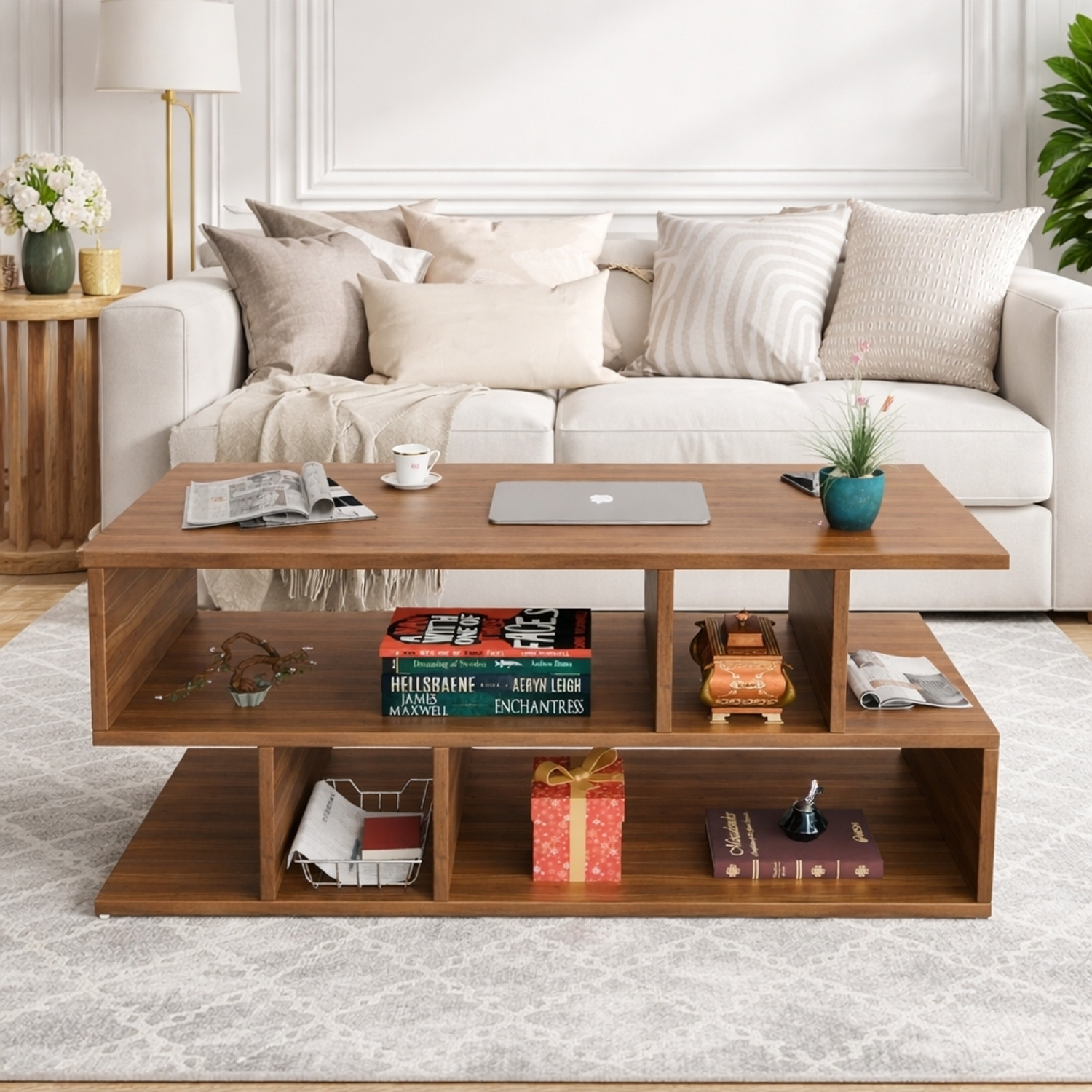 Image of Eloqo Square Coffee Table Set of 2 Modern Minimalist Style Furniture for Living Room Engineered Wood Coffee Table (Finish Color - Gold White, Pre-assembled)