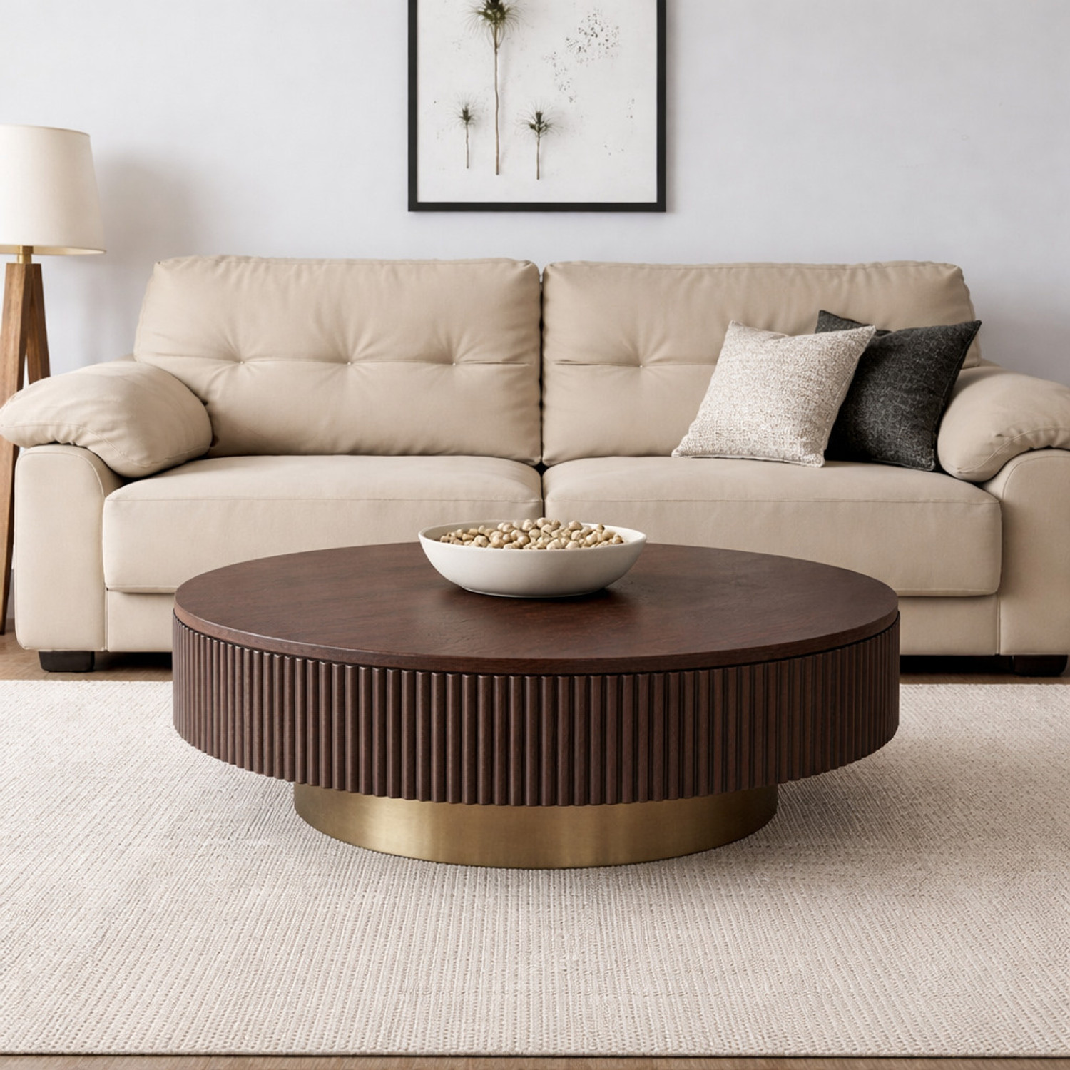 Image of WOODLOOM Alps Premium Round Coffee Table,Solid Mango Wood,Fluted Base Solid Wood Coffee Table (Finish Color - BROWN, Pre-assembled)