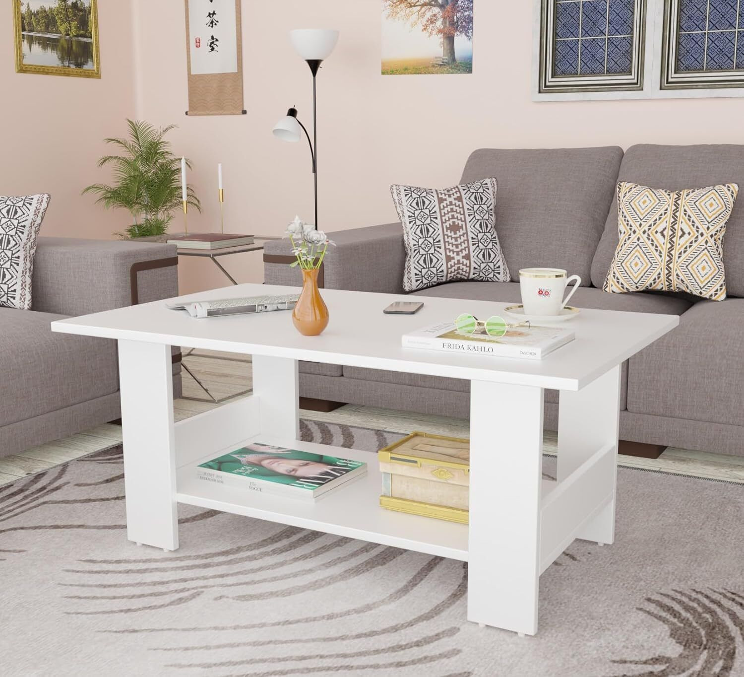 Image of Eloqo Square Coffee Table Set of 2 Modern Minimalist Style Furniture for Living Room Engineered Wood Coffee Table (Finish Color - Gold White, Pre-assembled)