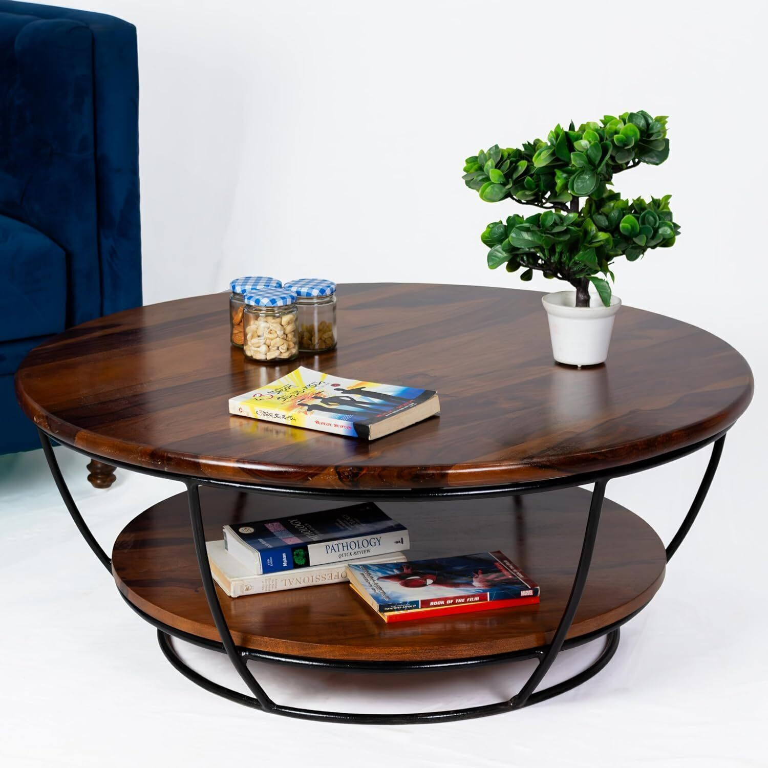 Image of Allie Wood Vertical Strips Round Sheesham (Rosewood ) Solid Wood Coffee Table (Finish Color - Honey Finish, Pre-assembled)