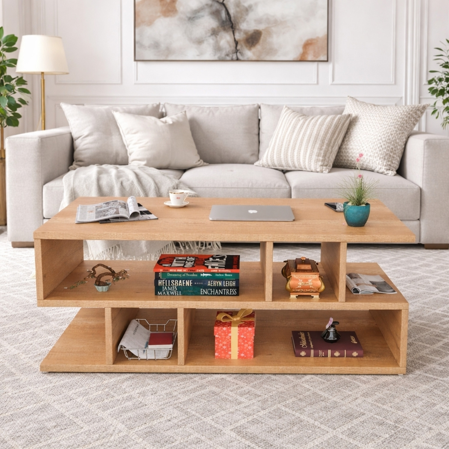 Image of YESMOM Modern TV Unit with Storage Shelves | Wooden Entertainment Stand Engineered Wood Coffee Table (Finish Color - Jungle, DIY(Do-It-Yourself))