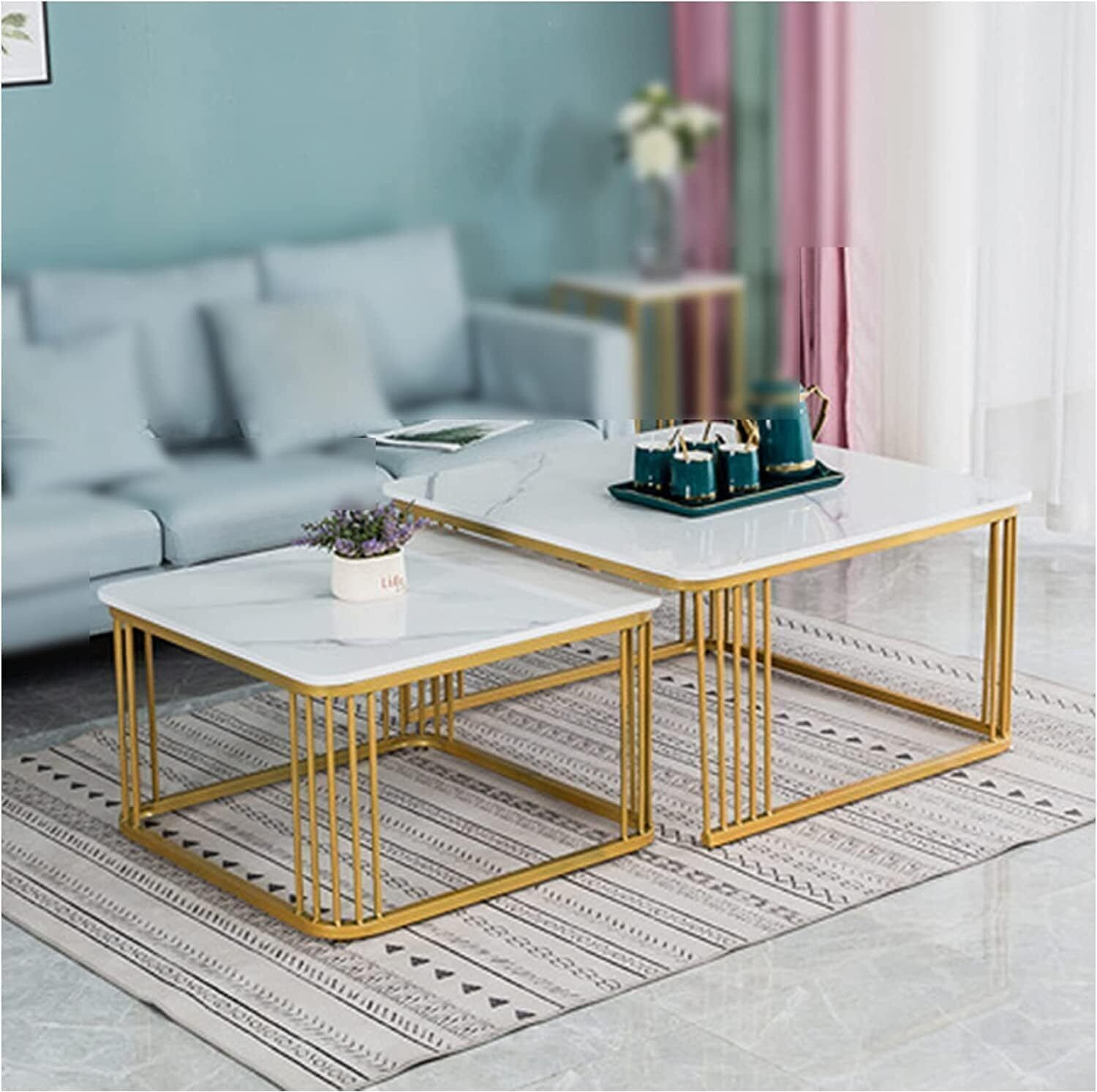 Image of Eloqo Square Coffee Table Set of 2 Modern Minimalist Style Furniture for Living Room Engineered Wood Coffee Table (Finish Color - Gold White, Pre-assembled)