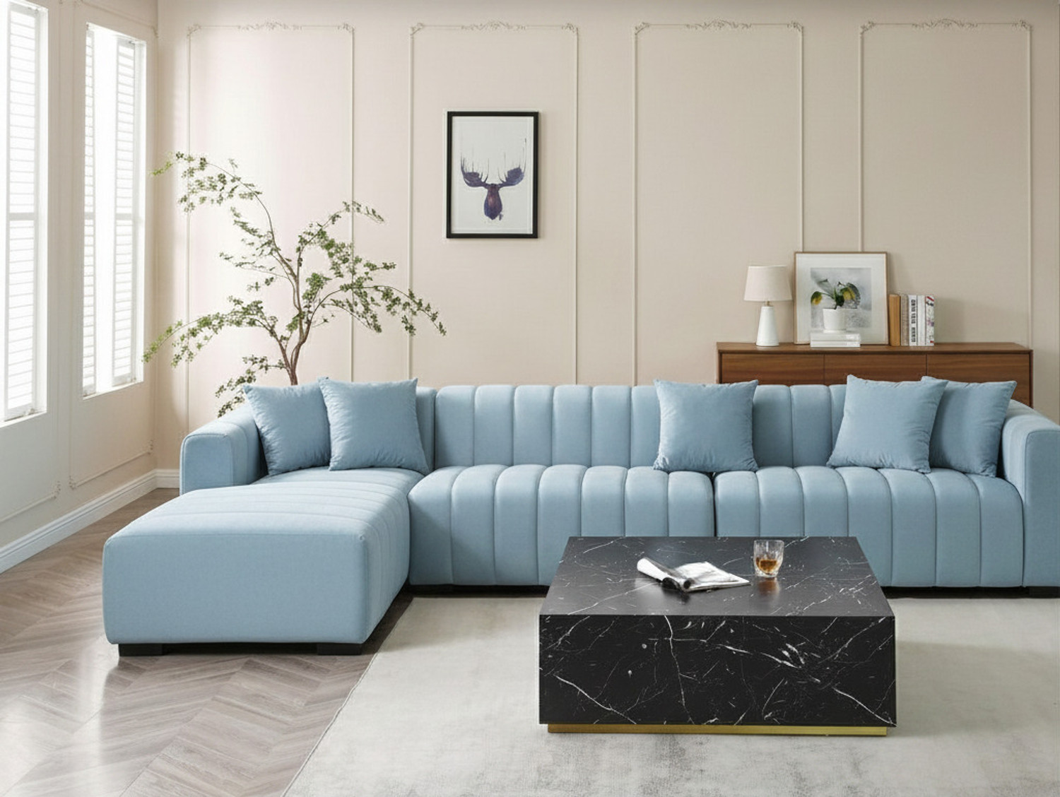 Image of Bharat Furniture 7 Seater Chesterfield L-Shape Sofa Set with Square Glass Table & 2 Puffies Fabric 3 + 3 + 1 Sofa Set (Light Grey & Dark Brown, DIY(Do-It-Yourself))