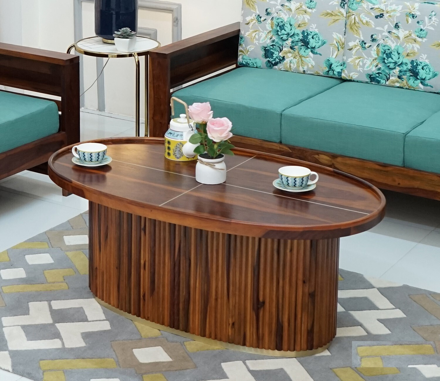 Image of Allie Wood Vertical Strips Round Sheesham (Rosewood ) Solid Wood Coffee Table (Finish Color - Honey Finish, Pre-assembled)