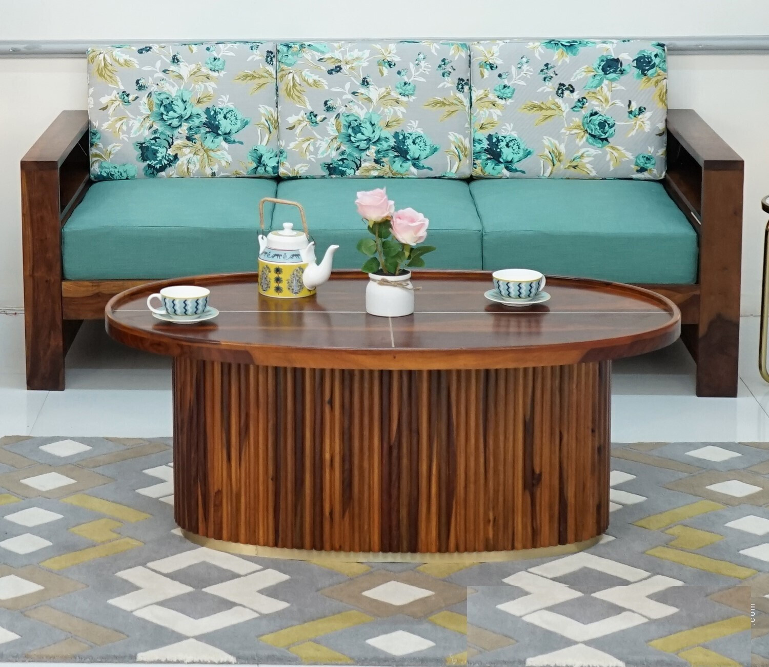 Image of Allie Wood Vertical Strips Round Sheesham (Rosewood ) Solid Wood Coffee Table (Finish Color - Honey Finish, Pre-assembled)