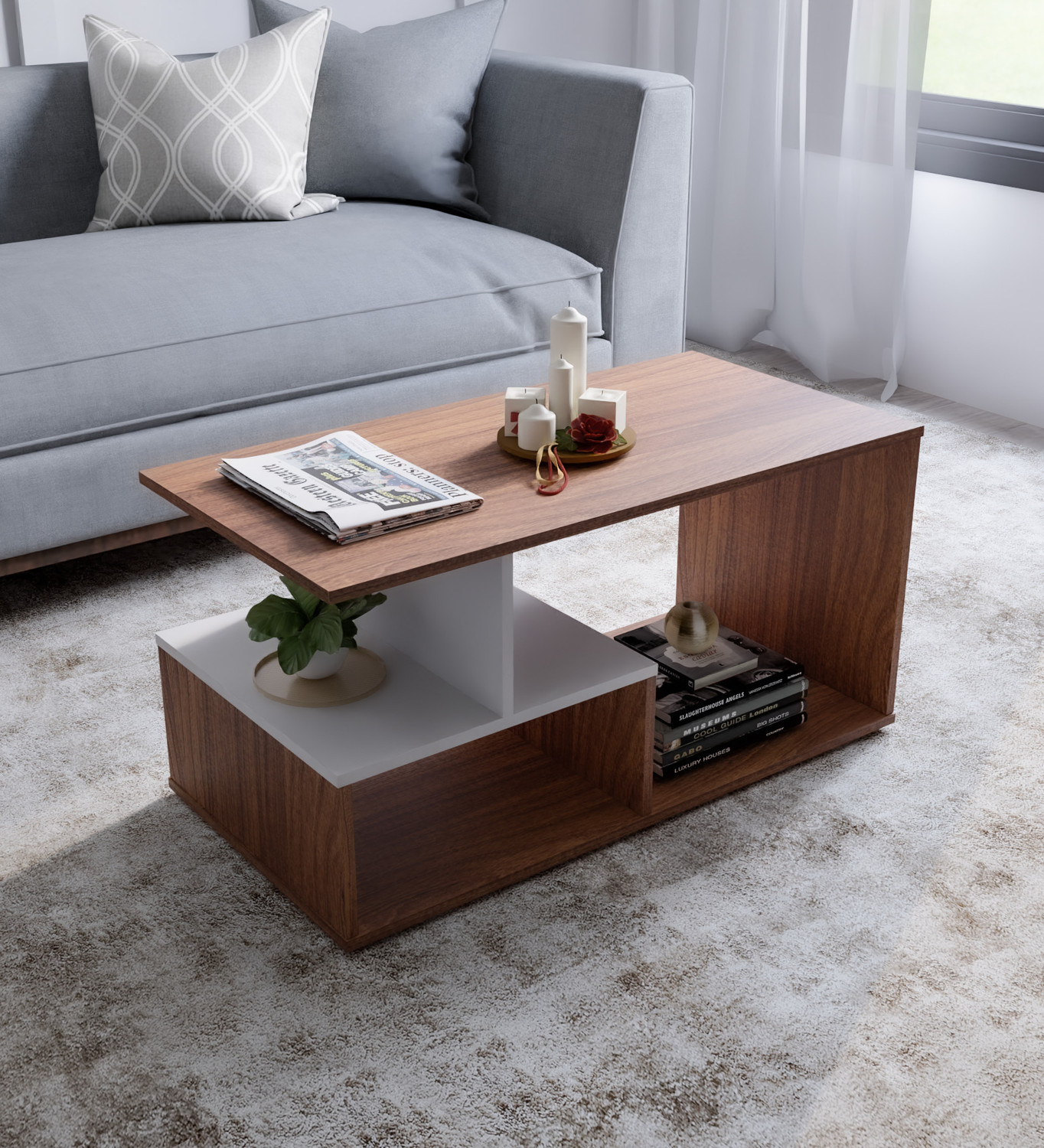 Image of YESMOM Modern TV Unit with Storage Shelves | Wooden Entertainment Stand Engineered Wood Coffee Table (Finish Color - Jungle, DIY(Do-It-Yourself))