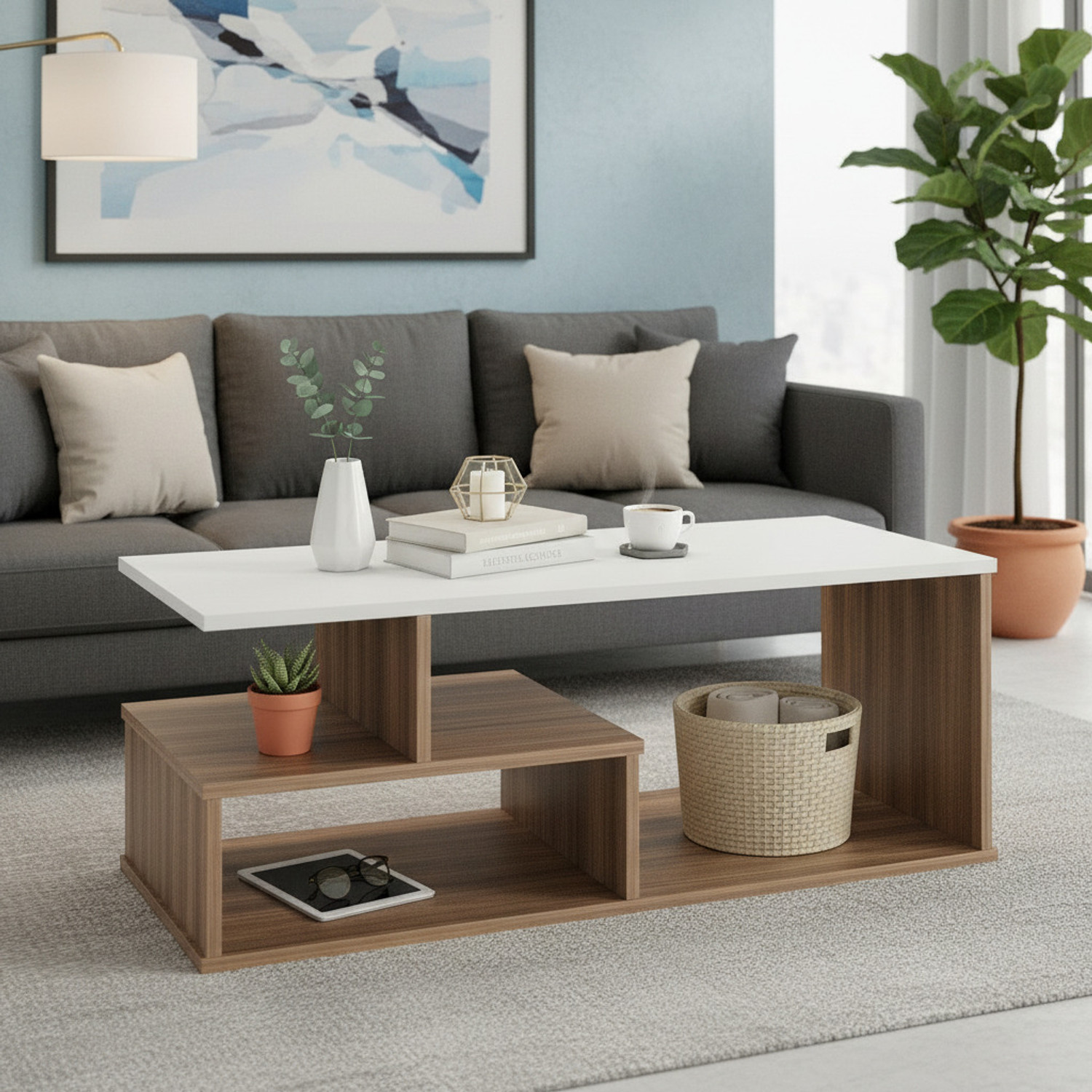 Image of ELTOP Wooden Furniture Center /Tea Table with Glass Engineered Wood Coffee Table (Finish Color - Brown, Knock Down)