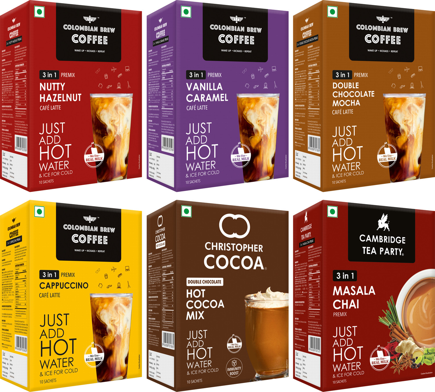 Image of Colombian Brew Premix Cappuccino,Hazelnut,Vanilla,Double,MasalaChai,CocoMix 10 3in1PremixSachet Instant Coffee (6 x 208.33 g, Hazelnut Flavoured)